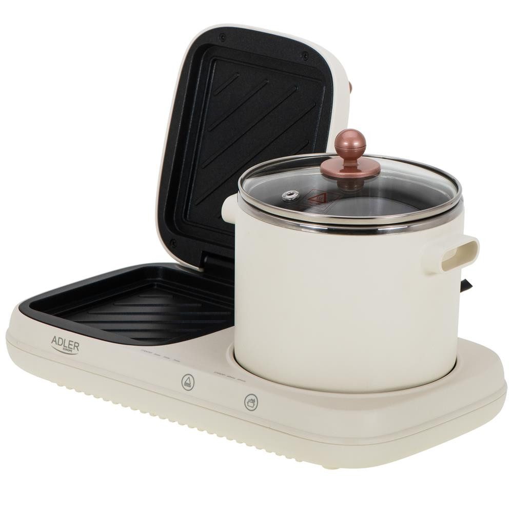 Adler Frühstücks-Set AD 6421, Frühstücksstation, Kochtopf, Grill, Antihaftbeschichtet, cremefarben