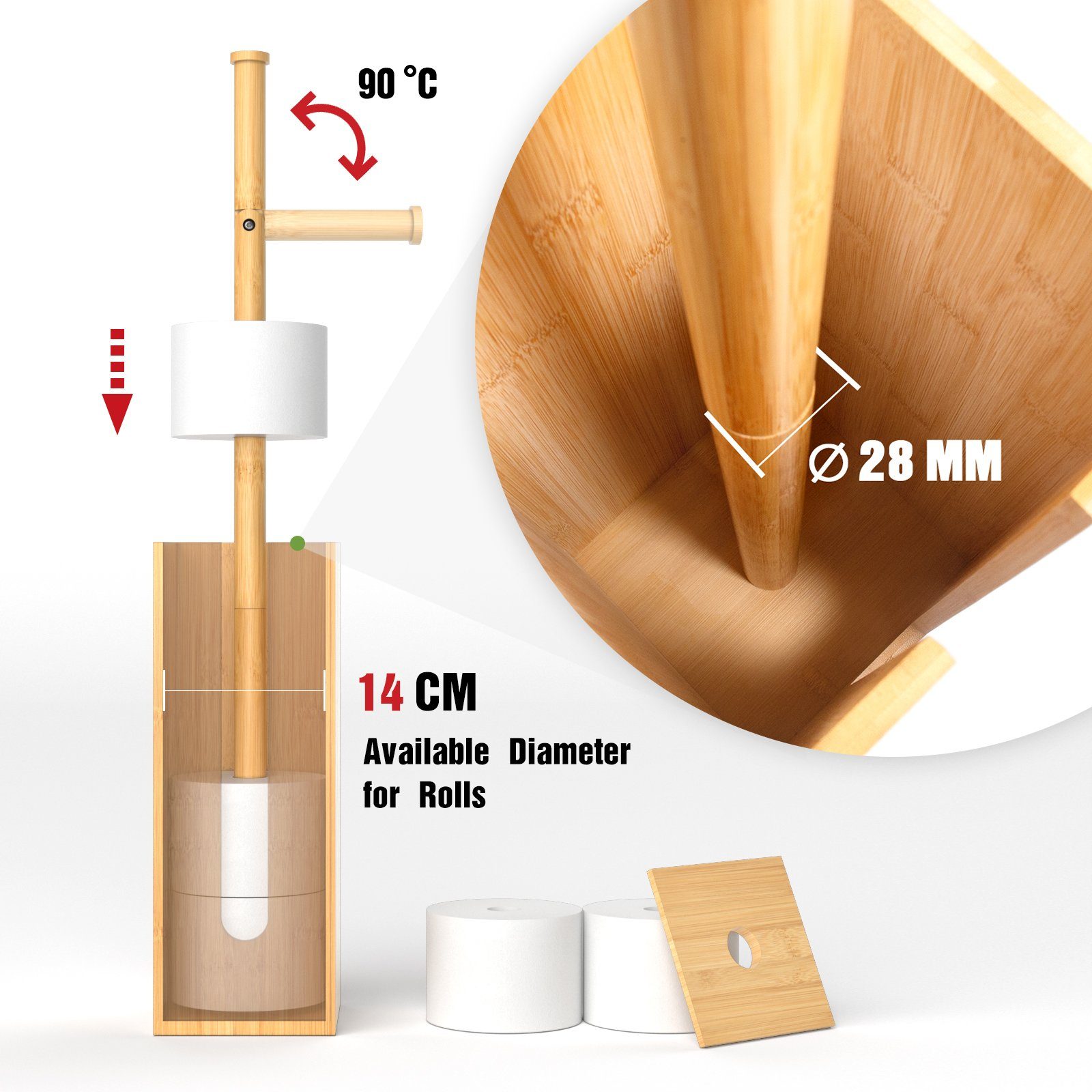 Rainsworth Toilettenpapierhalter Stehend Bambus, Toilettenbürste x 15.5 mit und 21.5 Ohne (HBT Toilettenpapieraufbewahrung WC-Bürstenhalter), WC-Garnitur x cm, 72,6