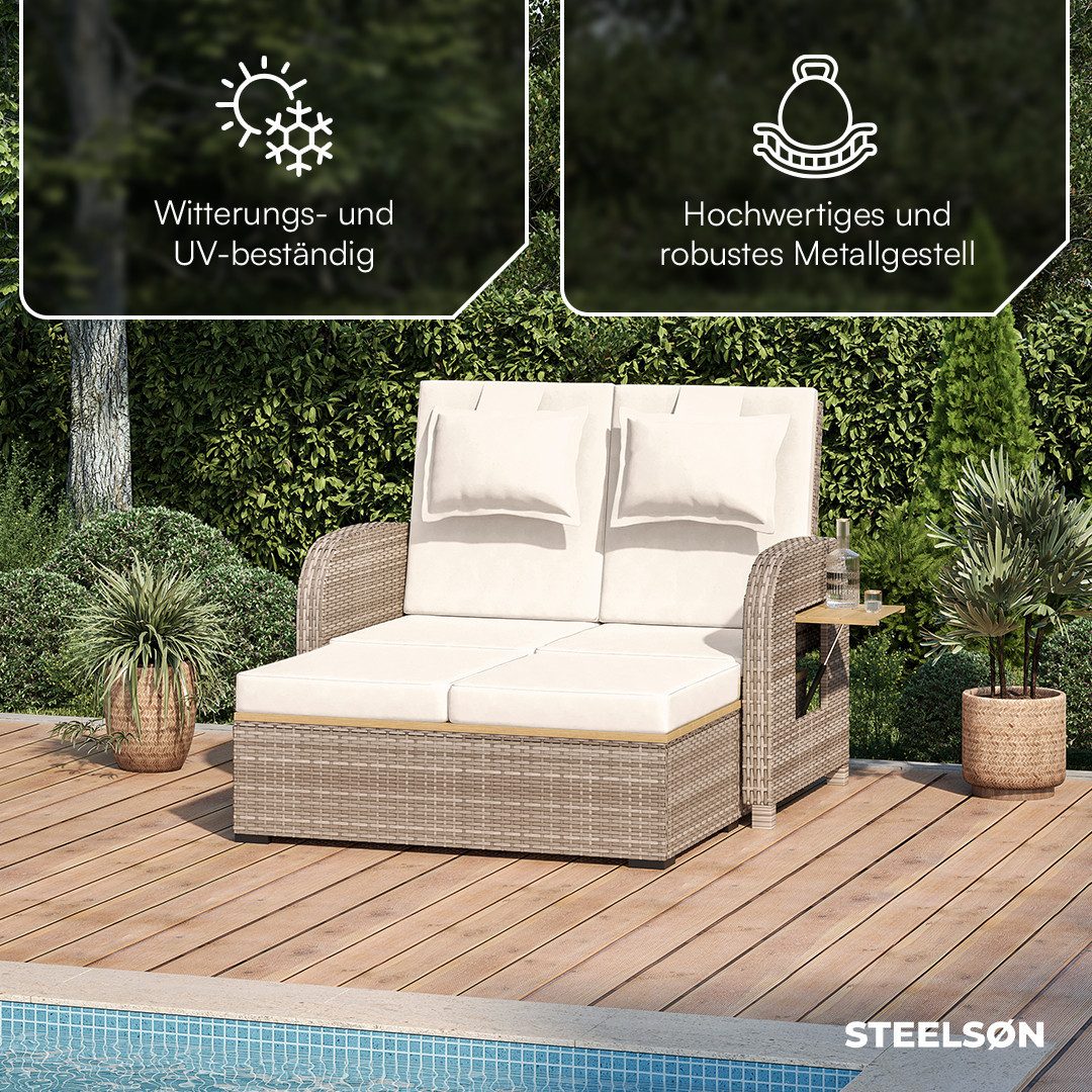 STEELSØN Gartenlounge-Set Caelum Gartensofa mit Liegefunktion, (beige, mit Kissen, wetterfest), Rattan Sonnenliege, herausziehbare Bank, ausklappbare Seiten-Tabletts