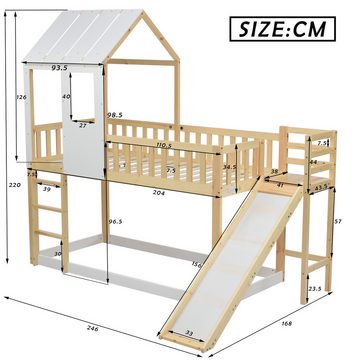 DOPWii Holzbett 90x200cm Etagenbett mit Rechtwinkliger Leiter,Rutsche,Dach,Fenster, Fallschutz und Gitter,Hausbett,Kinderbett,Rahmen aus Kiefer,Natur+Weiß