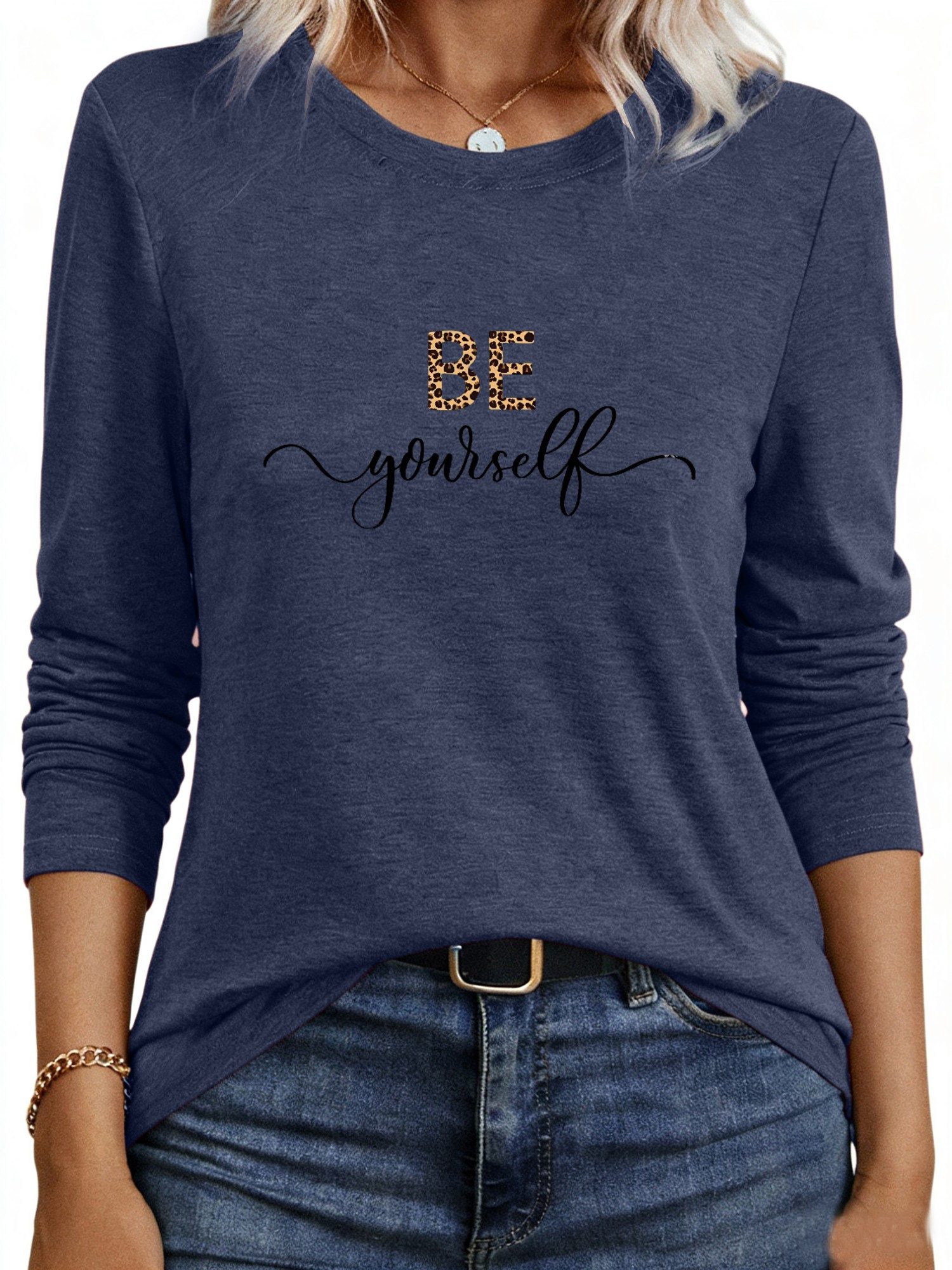 PYLIKE Longsleeve Shirts Damen Casual Slogan Animal Print bequemes Langarms günstig online kaufen