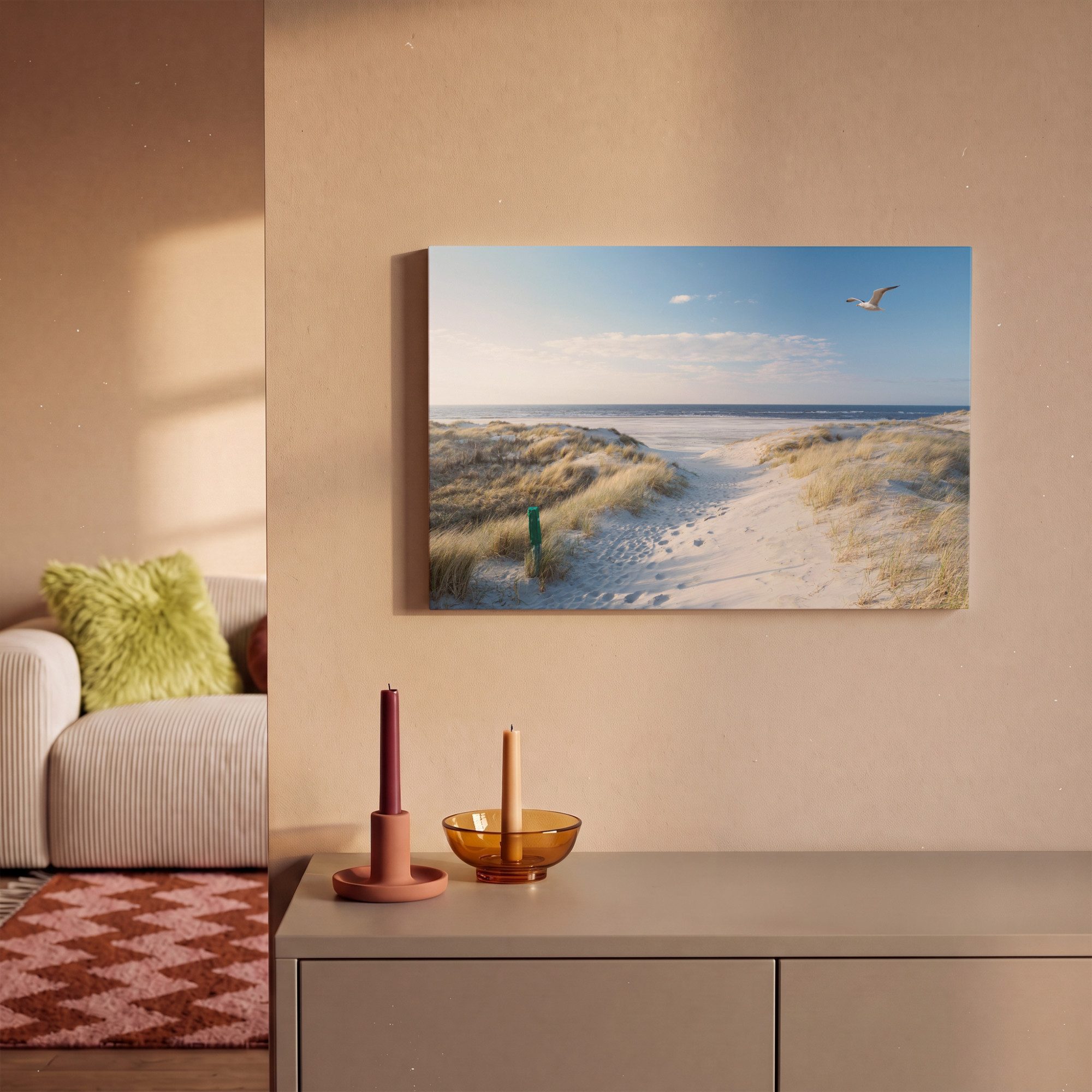 OneMillionCanvasses® Leinwandbild Düne - Möwe - Strand - Meer - Sonne, Fotodruck (1 St), Leinwand Bilder Klein, Wand Dekoration Aesthetic 30x20 cm – Bild 2 von 5