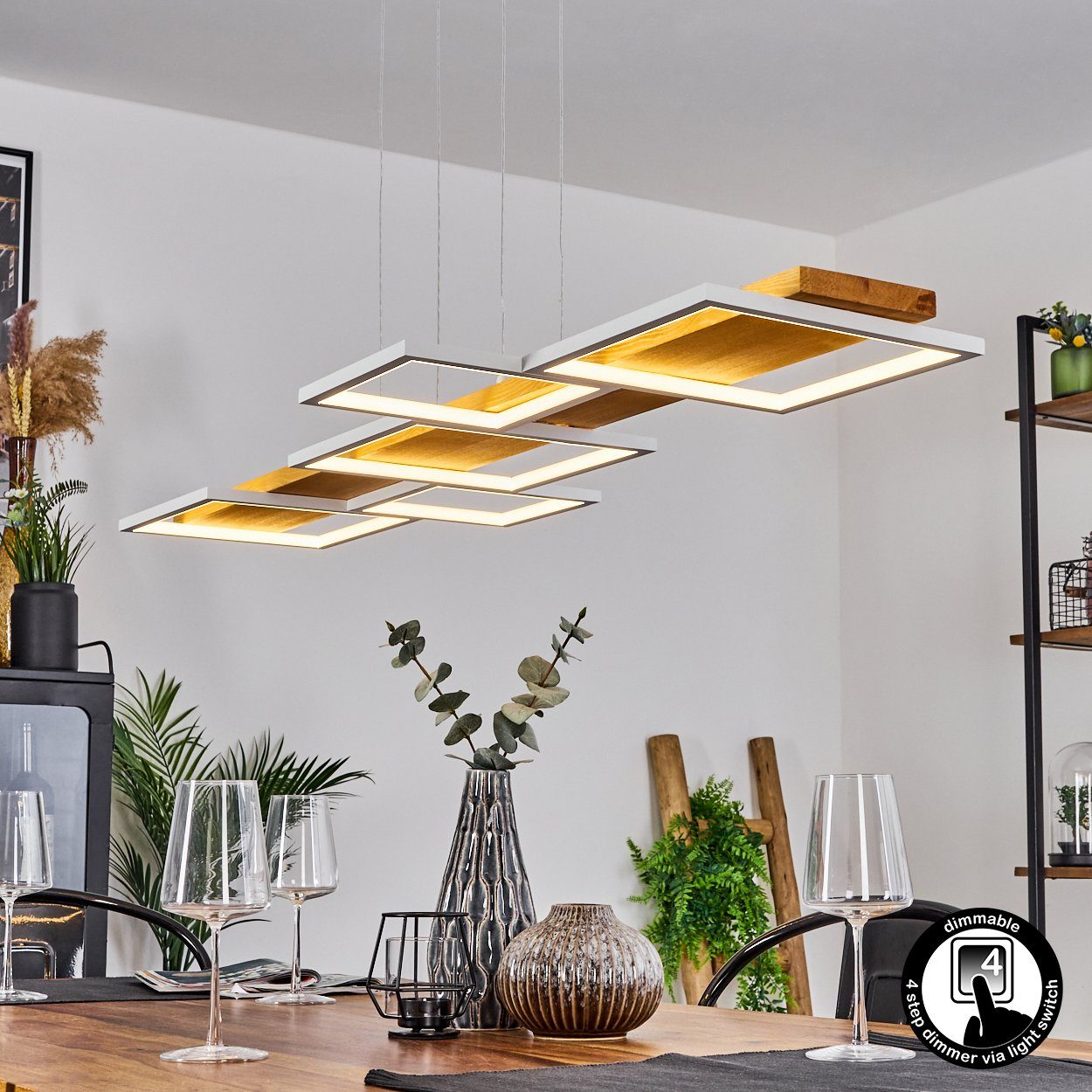hofstein Pendelleuchte »Palermo« dimmbare Deckenlampe aus Metall/Holz/Kunststoff, Natur/Weiß, 3000 Kelvin, über herkömmlichen Lichtschalter dimmbar, LED 42 Watt, 5700 Lumen