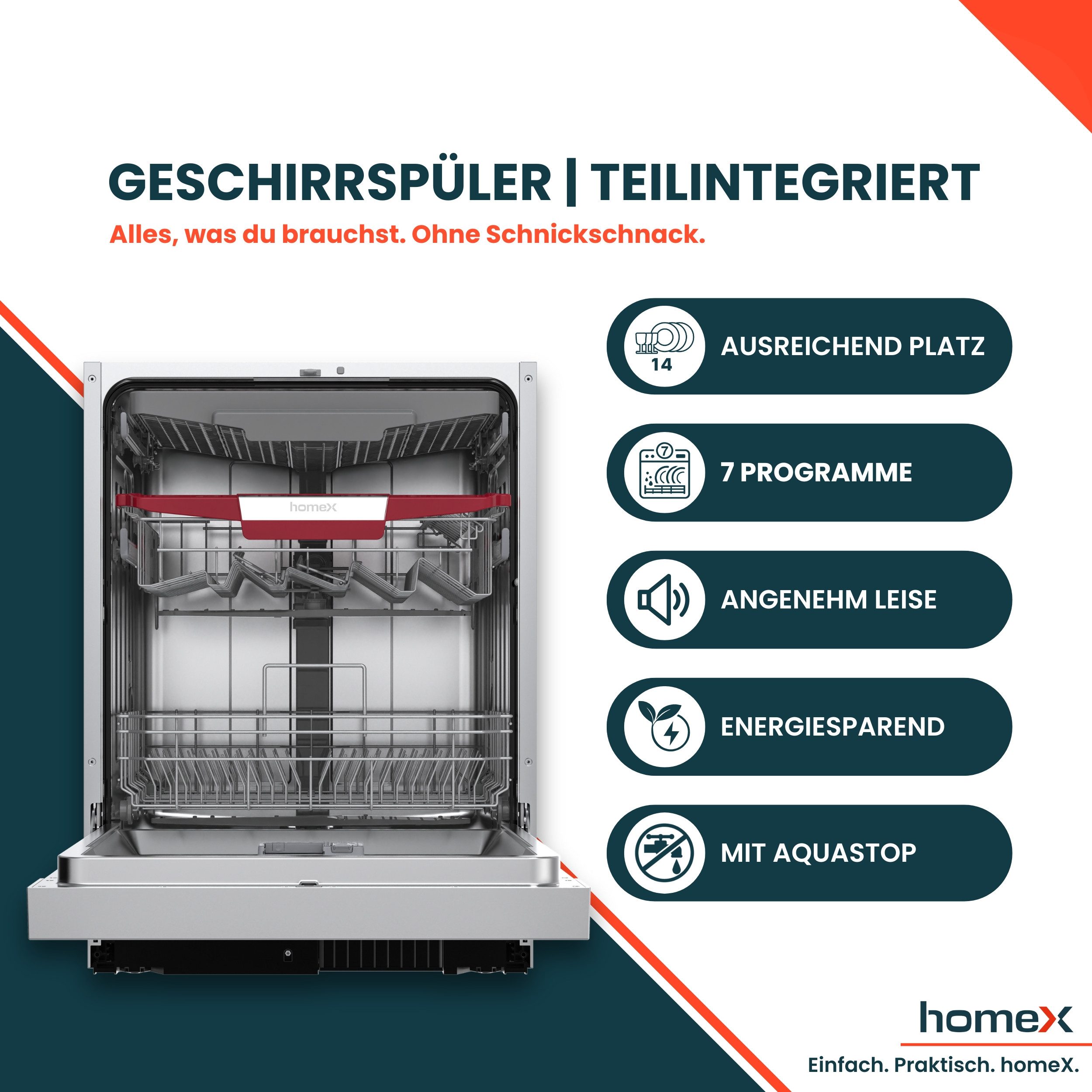 homeX teilintegrierbarer Geschirrspüler DWSI601444C, 10 l, 14 Maßgedecke, Einbau Spülmaschine teilintegriert 60 cm, 14 Gedecke, AquaStop, 44 dB