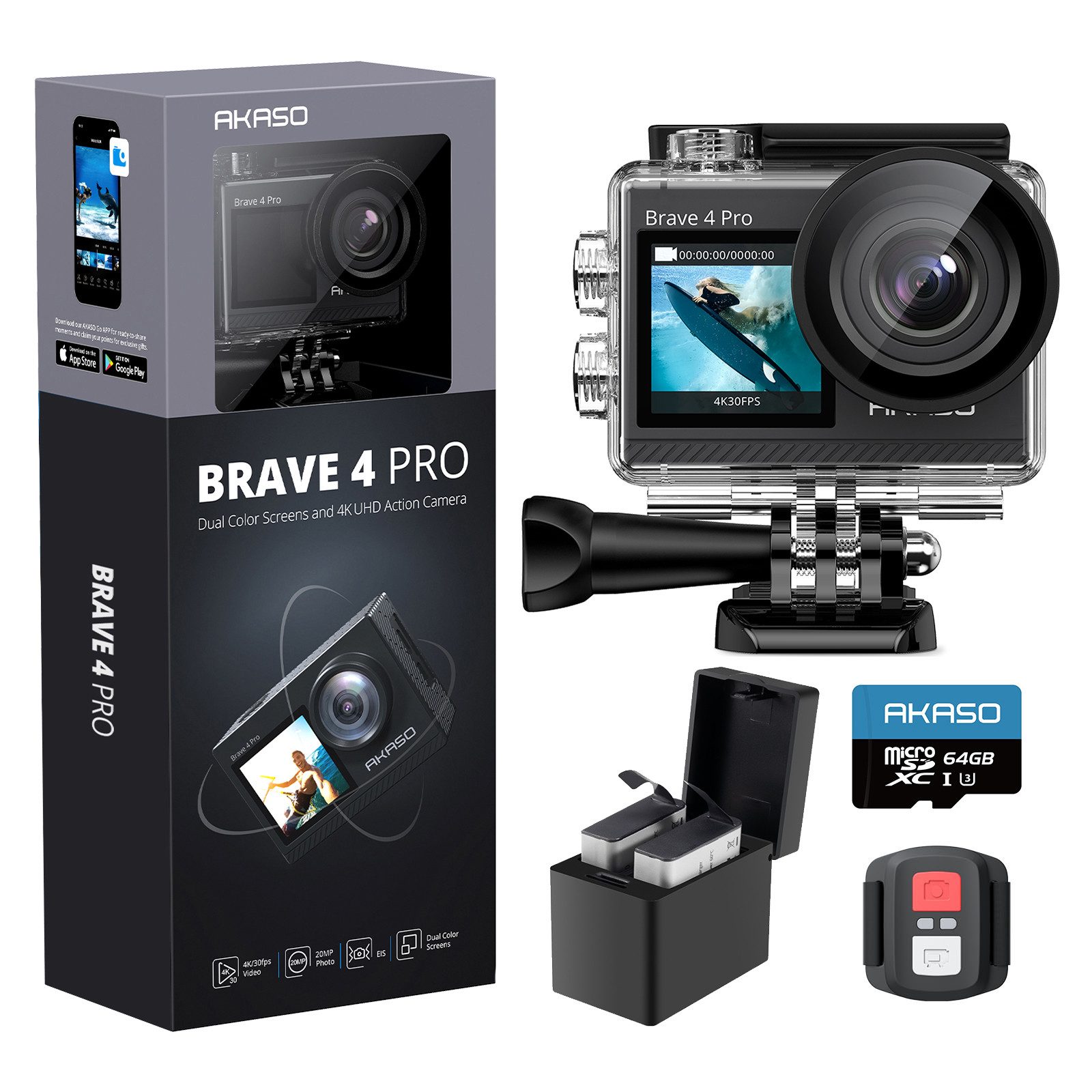 Akaso Brave 4 Pro Action Cam (4K Ultra HD, Wasserdicht, EIS, Fernbedienung, Duale Farbbildschirme)