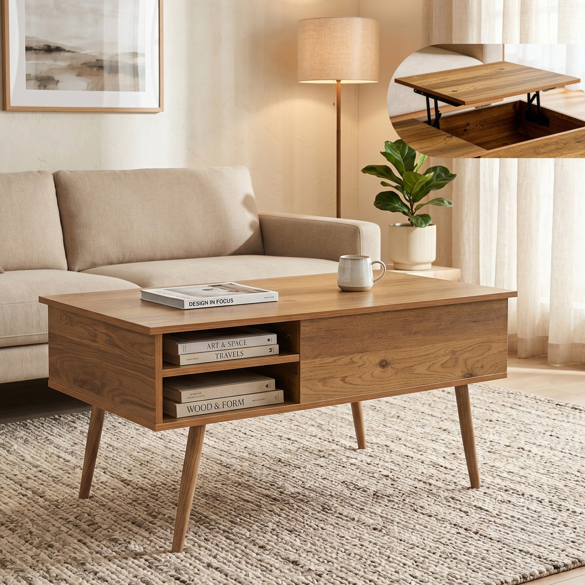 en.casa Couchtisch, »Vasdabod« mit Liftplatte 96 x 59 x 50 cm Eicheoptik