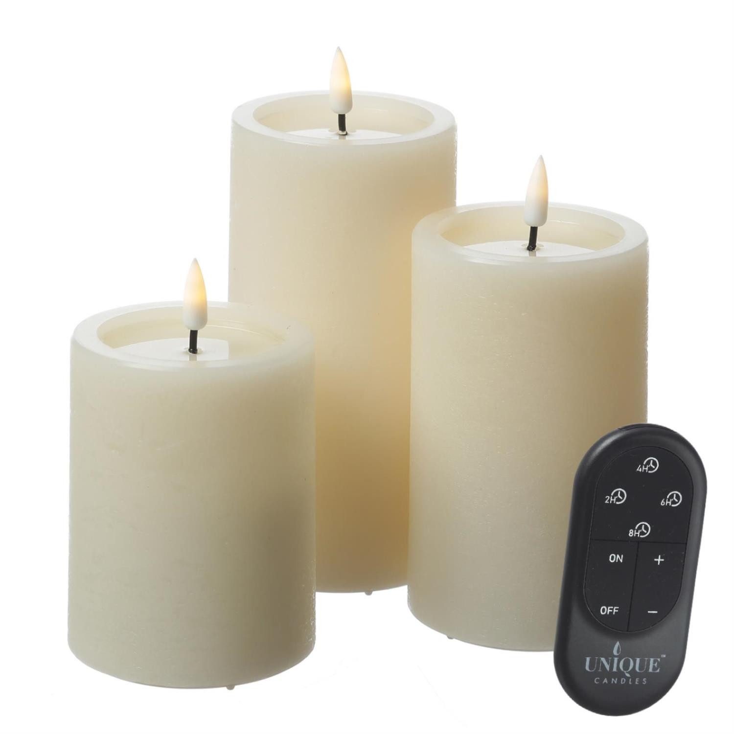 UNIQUE candles LED-Kerze Kerzenset UNIQUE Rustik-Optik 3 Größen mit Batterien Fernb. 3er Set, LED Classic, warmweiß (2100K bis 3000K)