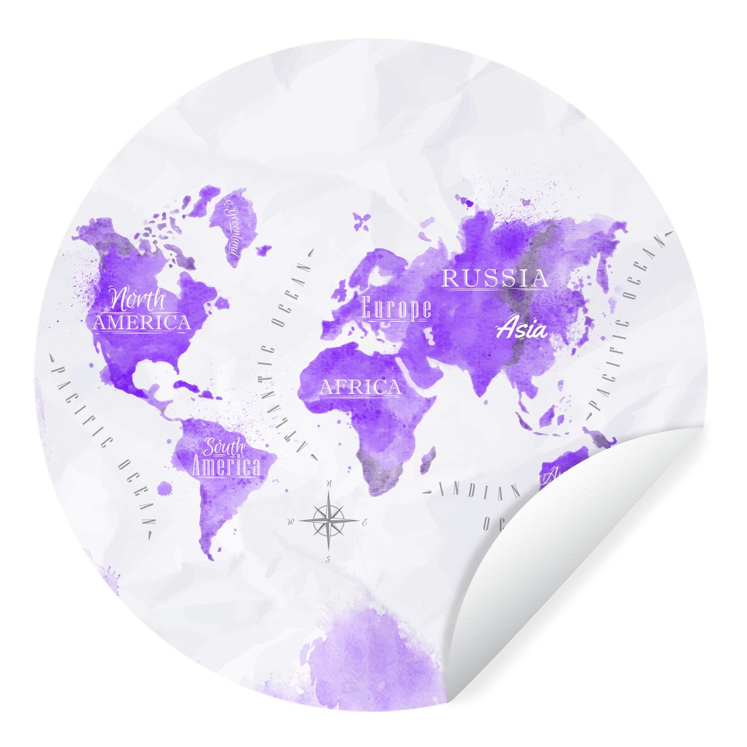 MuchoWow Wandsticker Weltkarten - Ölfarbe - Violett (1 St), Tapetenkreis für Kinderzimmer, Tapetenaufkleber, Rund, Wohnzimmer