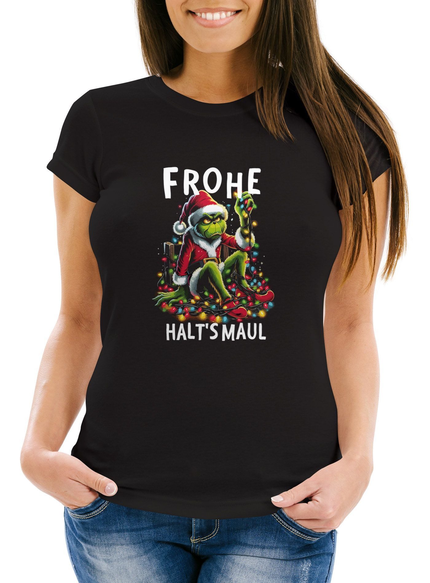 Print-Shirt Weihnachtsshirt Damen Spruch T-Shirt Weihnachten Halts Maul Grinch