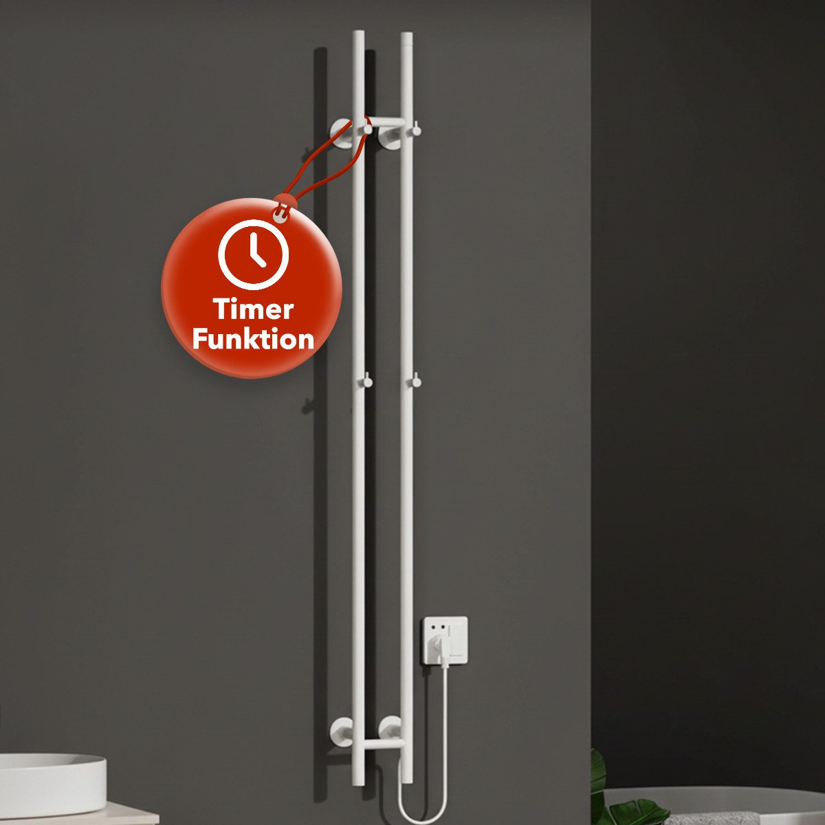 Belvit Elektrischer Badheizkörper Handtuchwärmer 150x17 cm mit 4 Handtuchhaken mit Timer & 2 Heizstufen, 120W, Wandmontage mit Montagematerial, Handtücher trocknen & wärmen