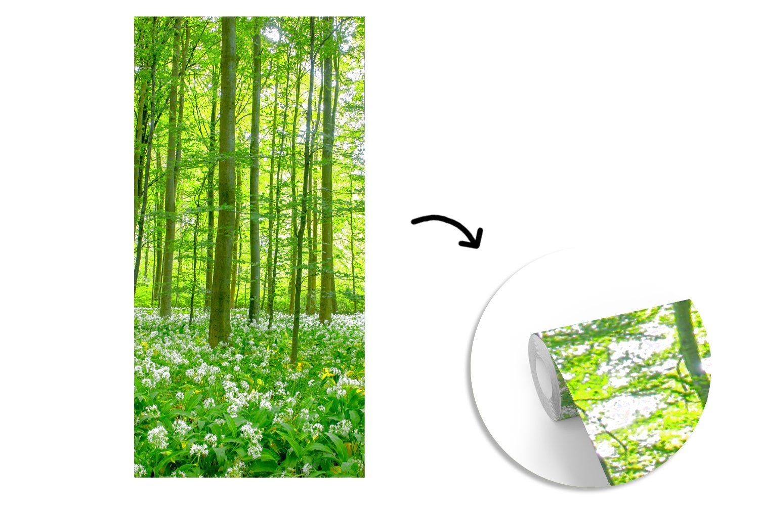 MuchoWow Fototapete Wald - Bäume (2 - Matt, Vliestapete Wohnzimmer Grün, Schlafzimmer für Küche, St), bedruckt, Fototapete