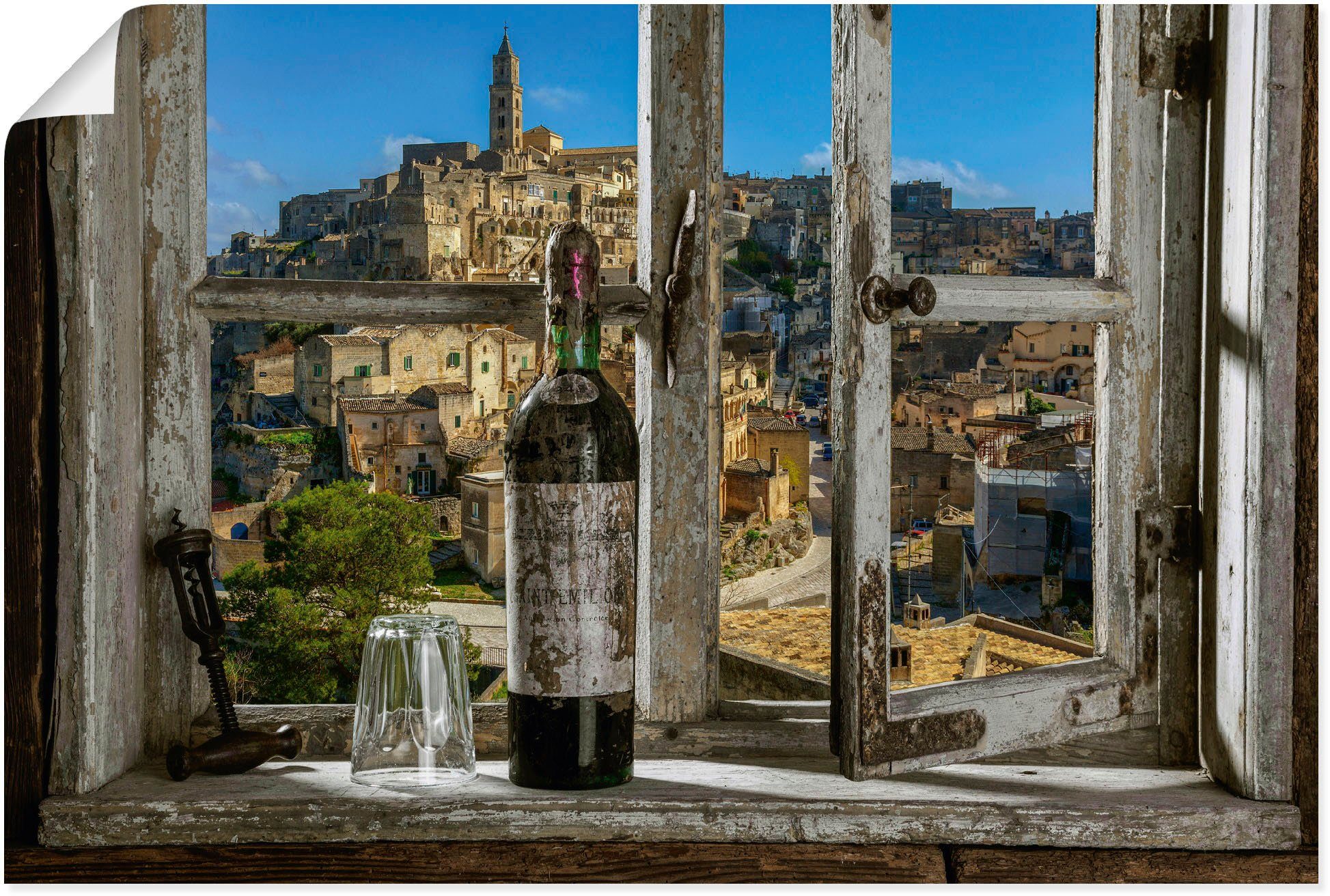 Artland Wandbild Blick aus dem Fenster Matera, Italien, Türen Poster versch. als Alubild, Leinwandbild, (1 Größen Fenster oder in Wandaufkleber & St)