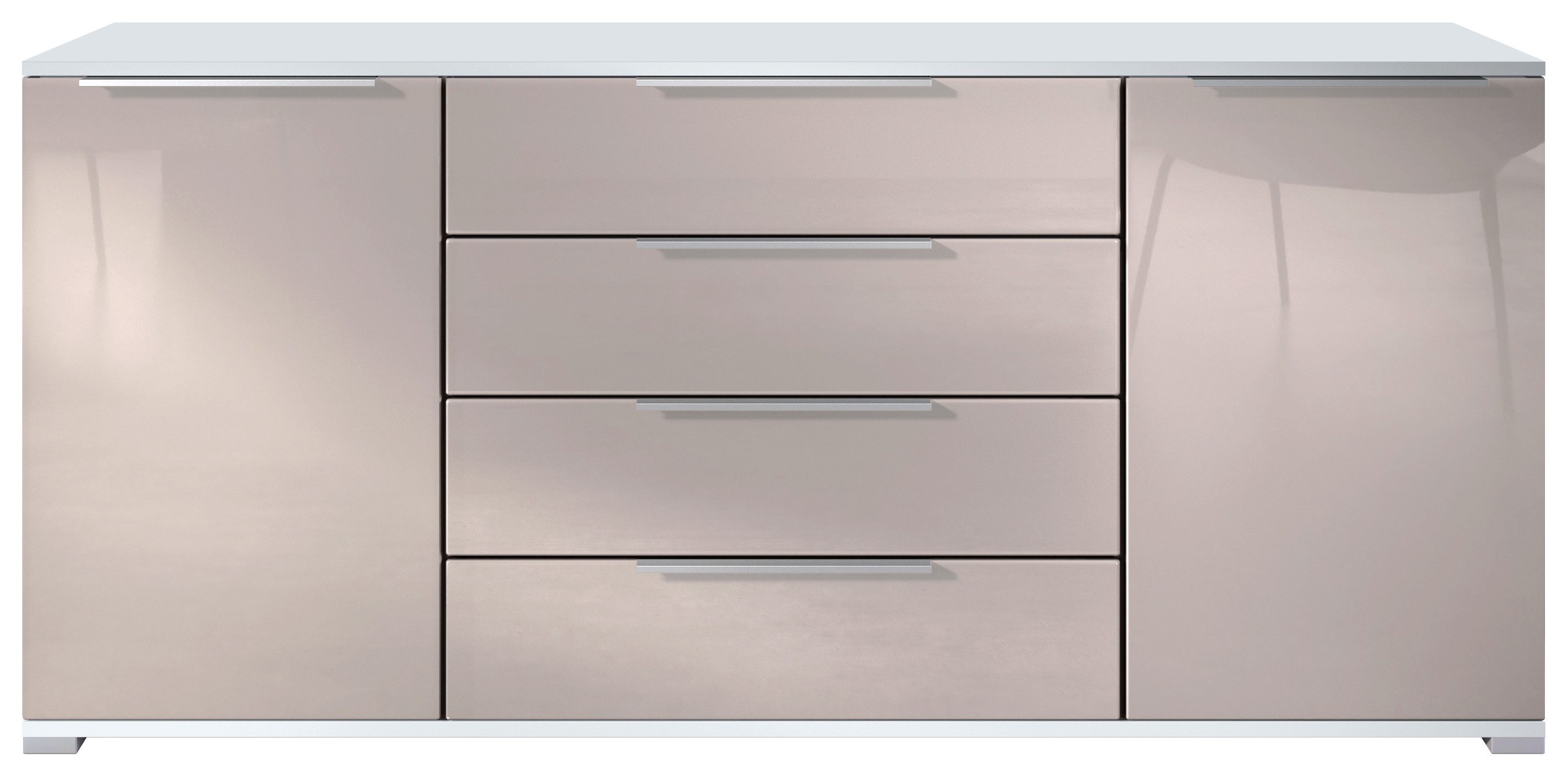 Vladon Sideboard Linio V2 (Moderne Kommode, mit 2 Türen & 4 Schubladen), Weiß matt/Sandgrau Hochglanz, 166,5 x 75,5 x 35 cm (BxHxT)