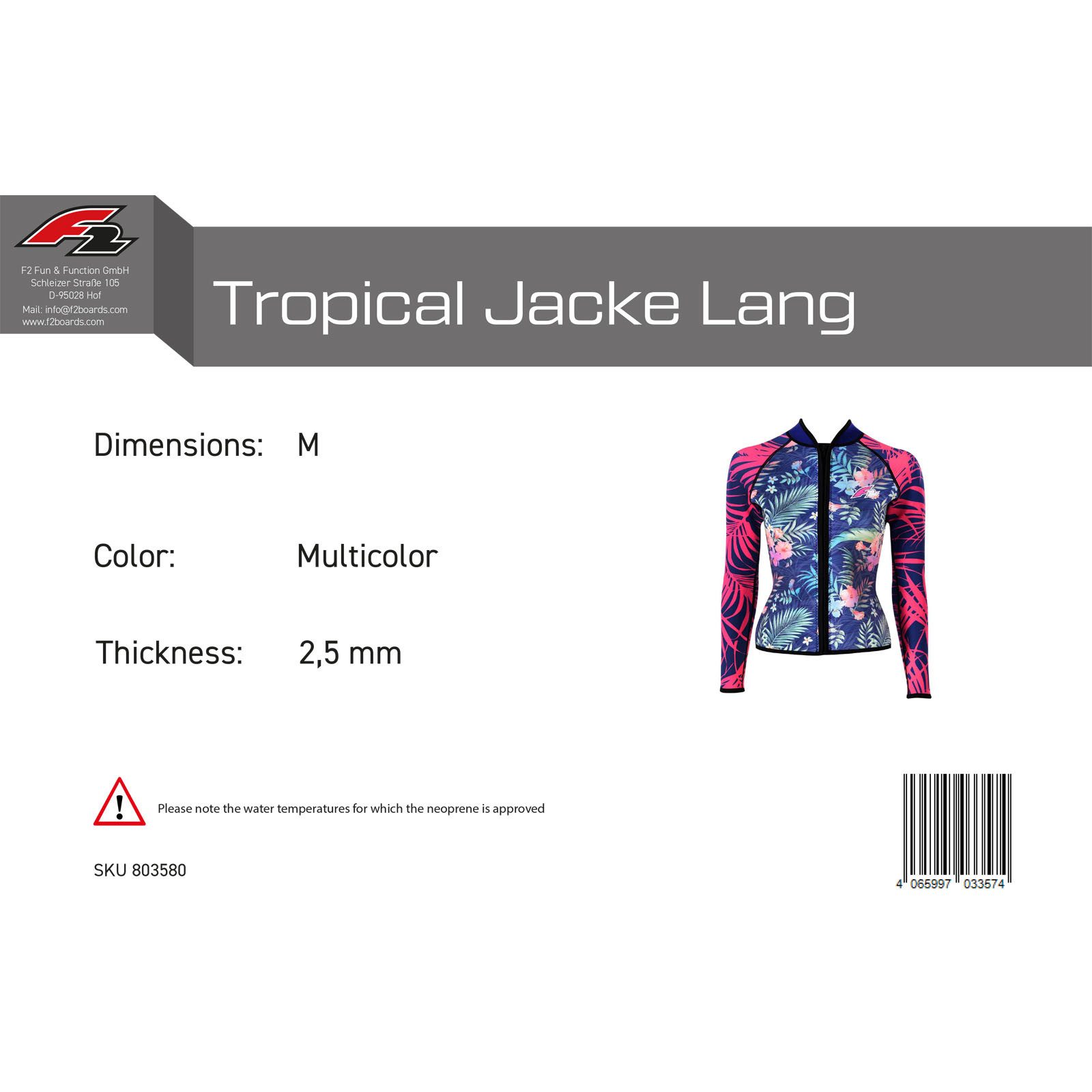 F2 Neoprenanzug F2 Damen Neopren Oberteil Tropical Jacke Lang 2,5 mm M Multicolor 2024