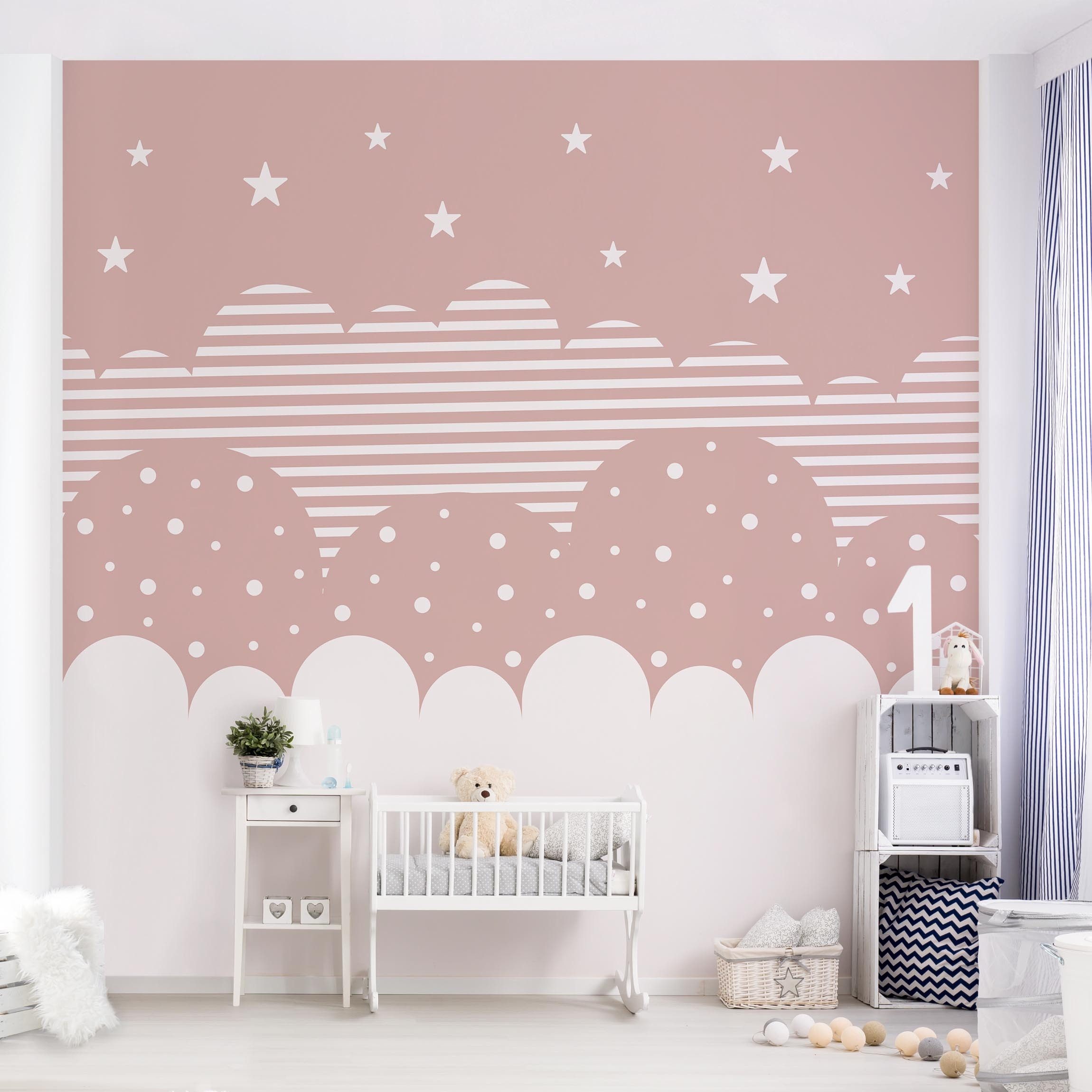 Bilderdepot24 Kindertapete Wolken Sterne Kinder Himmel rosa moderne Wanddeko XXL, Glatt, Matt, (Inklusive Gratis-Kleister oder selbstklebend), Mädchenzimmer Jungenzimmer Babyzimmer Bildtapete Fototapete Wandtapete