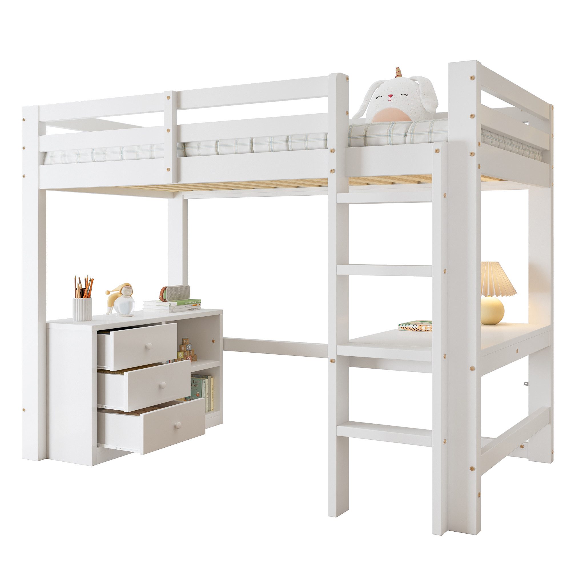 SOFTWEARY Hochbett mit Schreibtisch und Schubladenschrank (90x200 cm, mit Schreibtisch, Schubladen, Regal, Rausfallschutz und Leiter) Kinderbett, Jugendbett, Holzbett