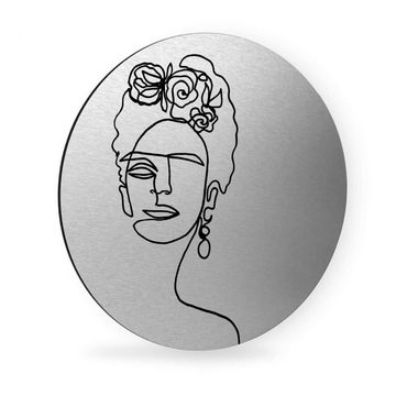 K&L Wall Art Gemälde Metallposter Rund Frida Kahlo floral Vintage Linework Silber Hariri, Metalloptik Wandbild Ø 20cm