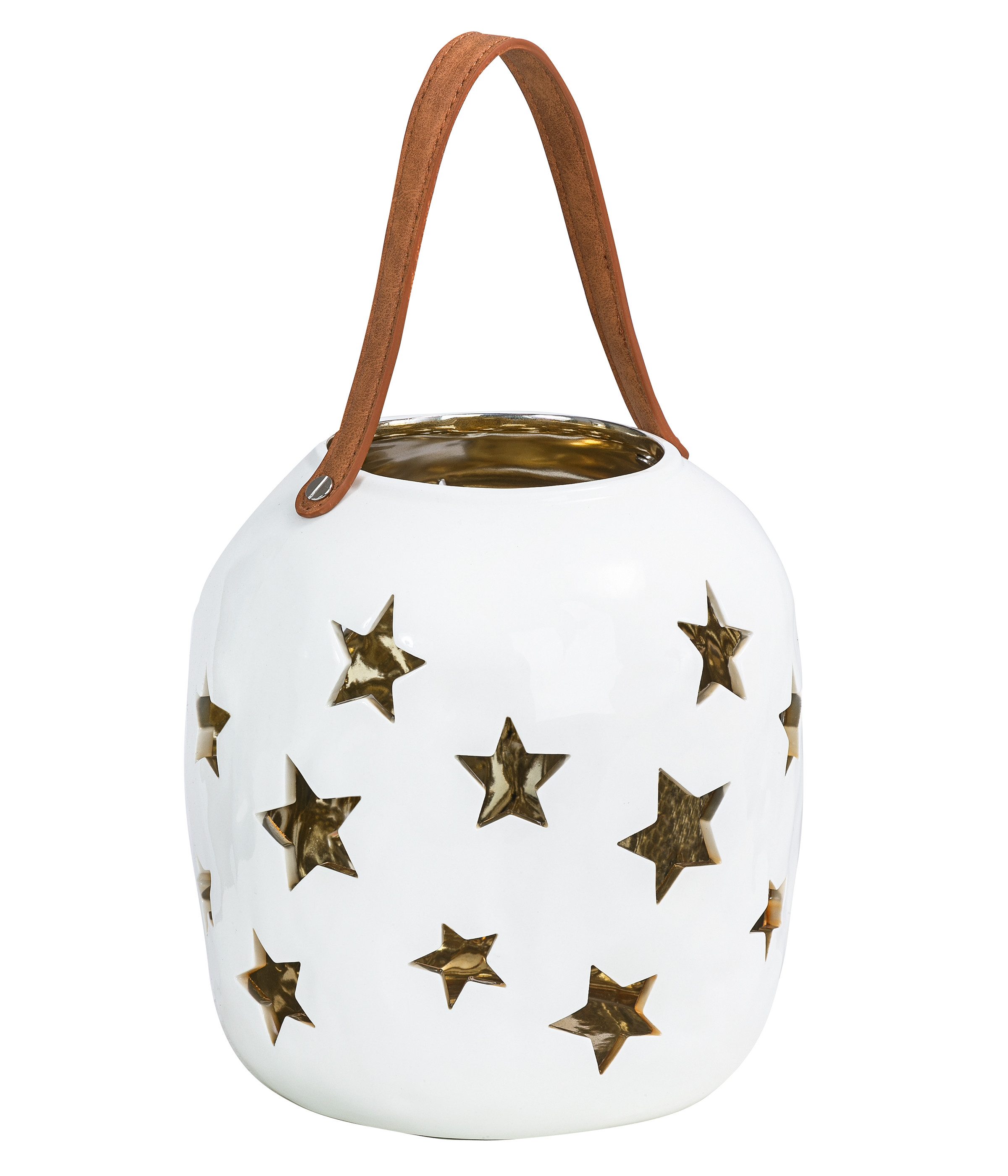 Dehner Weihnachtsfigur Laterne Emi mit Lederriemen, Ø 19.5 cm, Höhe 34 cm, Steinzeug, Windlicht mit goldener Innenseite