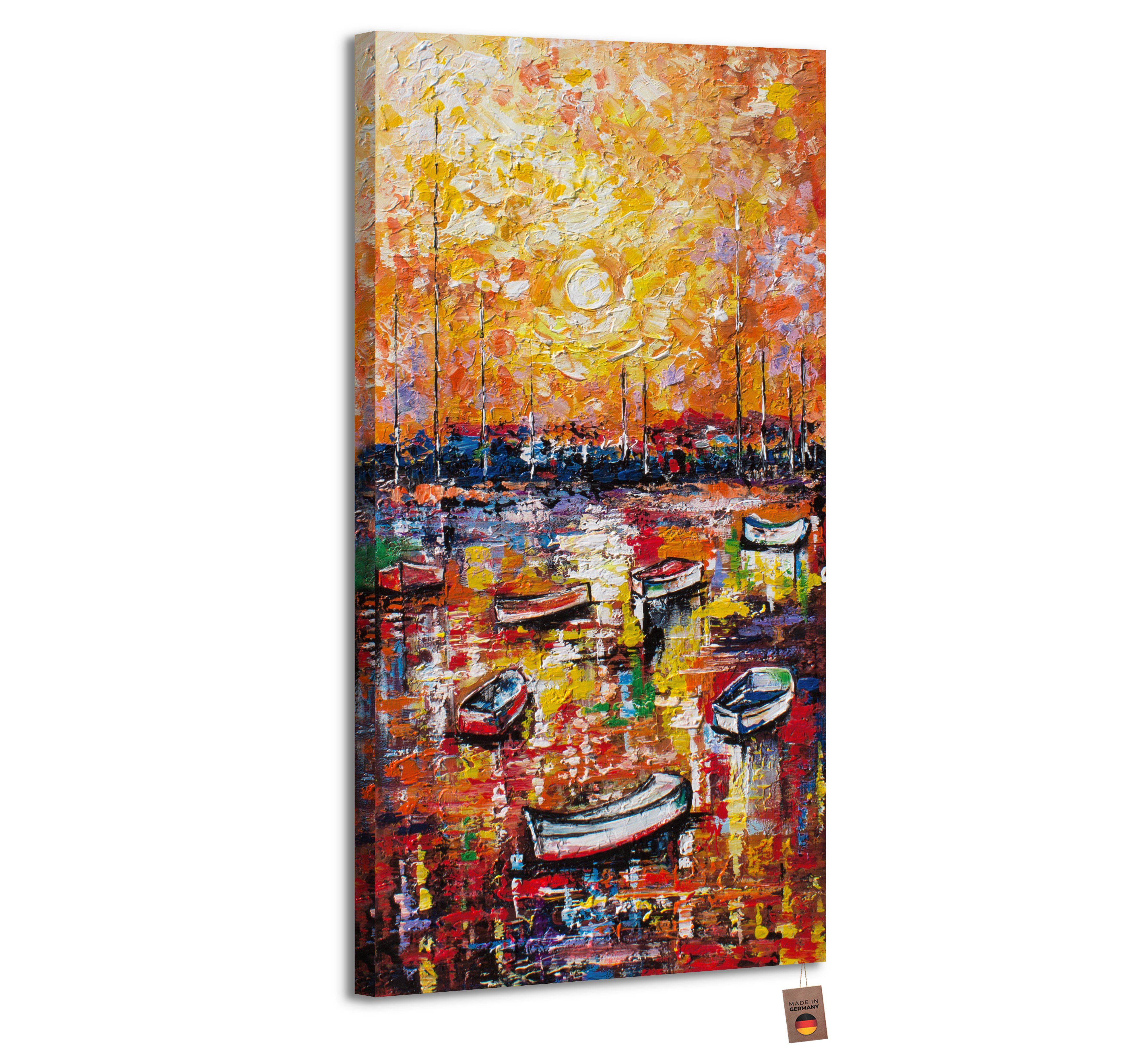 YS-Art Gemälde Hafen, Landschaft, Hafen Segelboote Wasser Bunt Rot Orange Ohne Schattenfugenrahmen