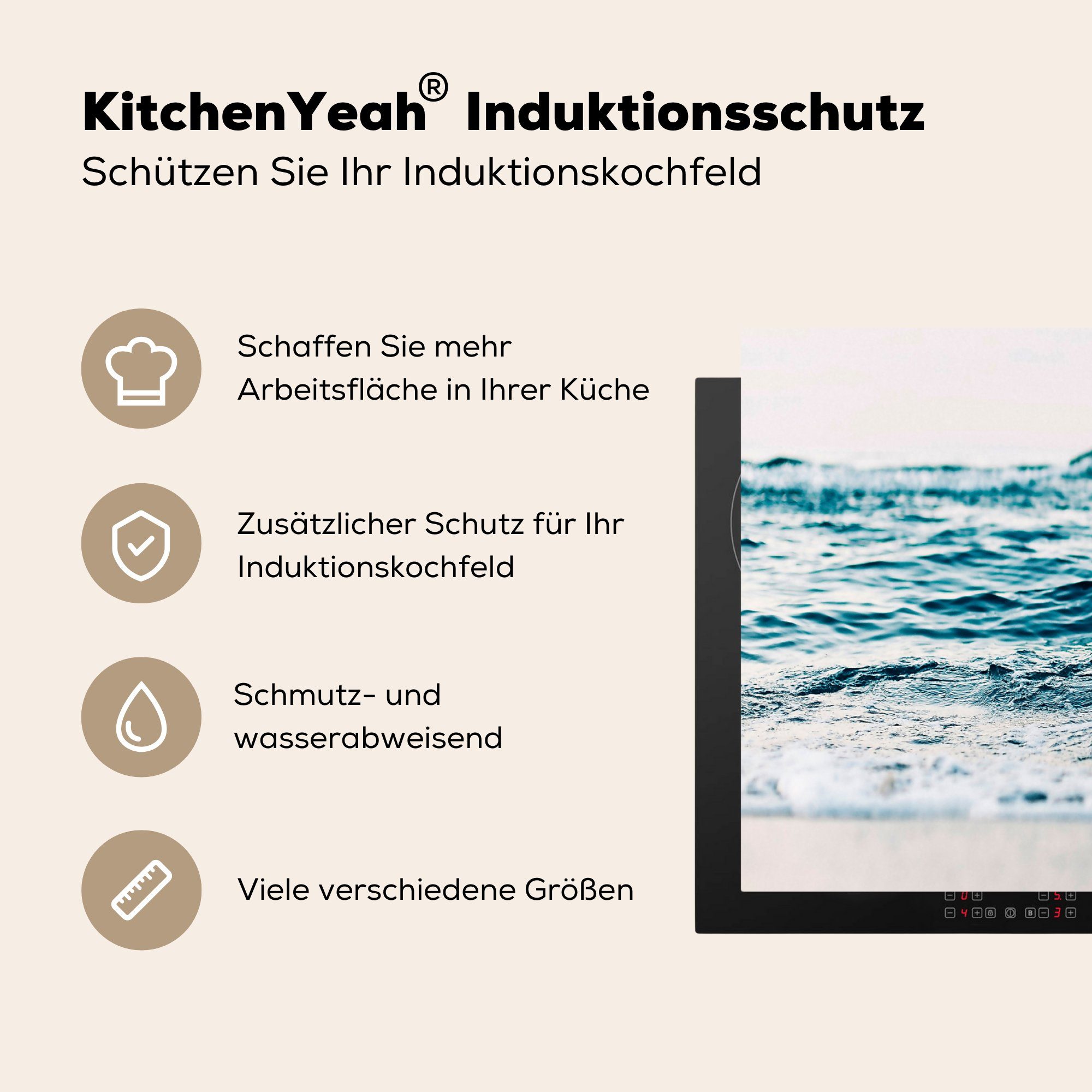 MuchoWow Herdblende-/Abdeckplatte Meer - Wasser - - cm, Natur küche - (1 Vinyl, tlg), für 83x51 Wellen Strand, Arbeitsplatte Ceranfeldabdeckung
