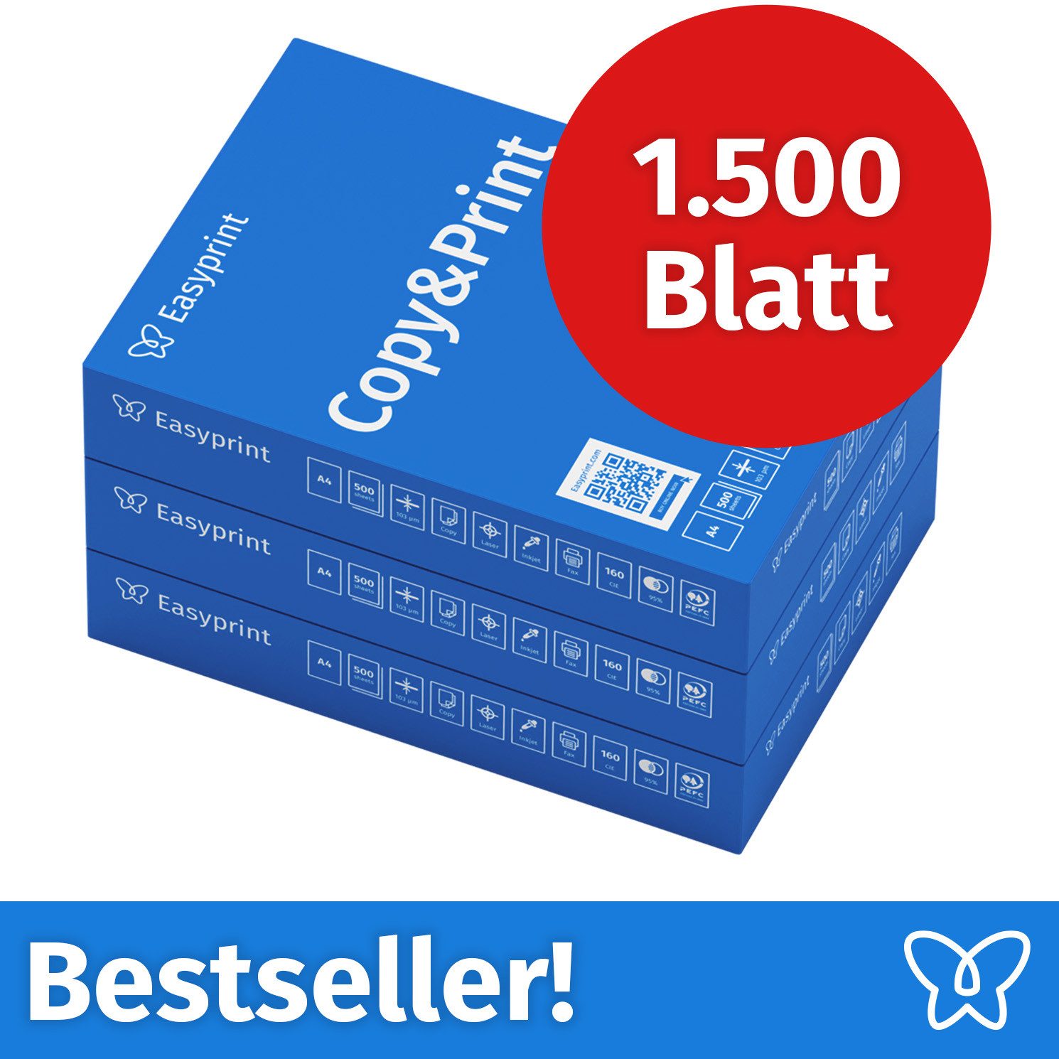 Easyprint Drucker- und Kopierpapier Kopierpapier 1500 Blatt A4 Premium Hochweiß CIE 160 Testsieger PEFC, PEFC-Zertifikat (GFA-PEFC-COC-500582)