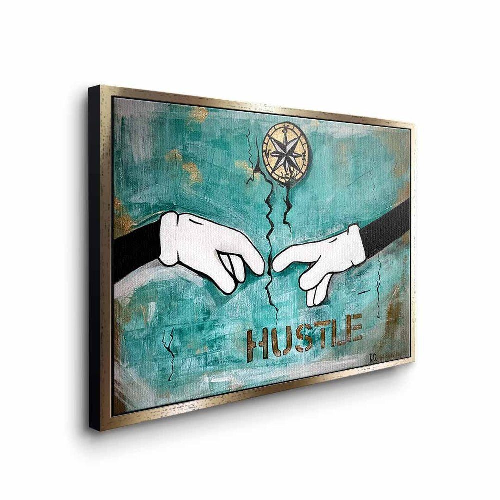 Hustle DOTCOMCANVAS® designed goldener Leinwandbild, by Motivationsbild Rahmen Premium Ronja Of - Hands Ojala -