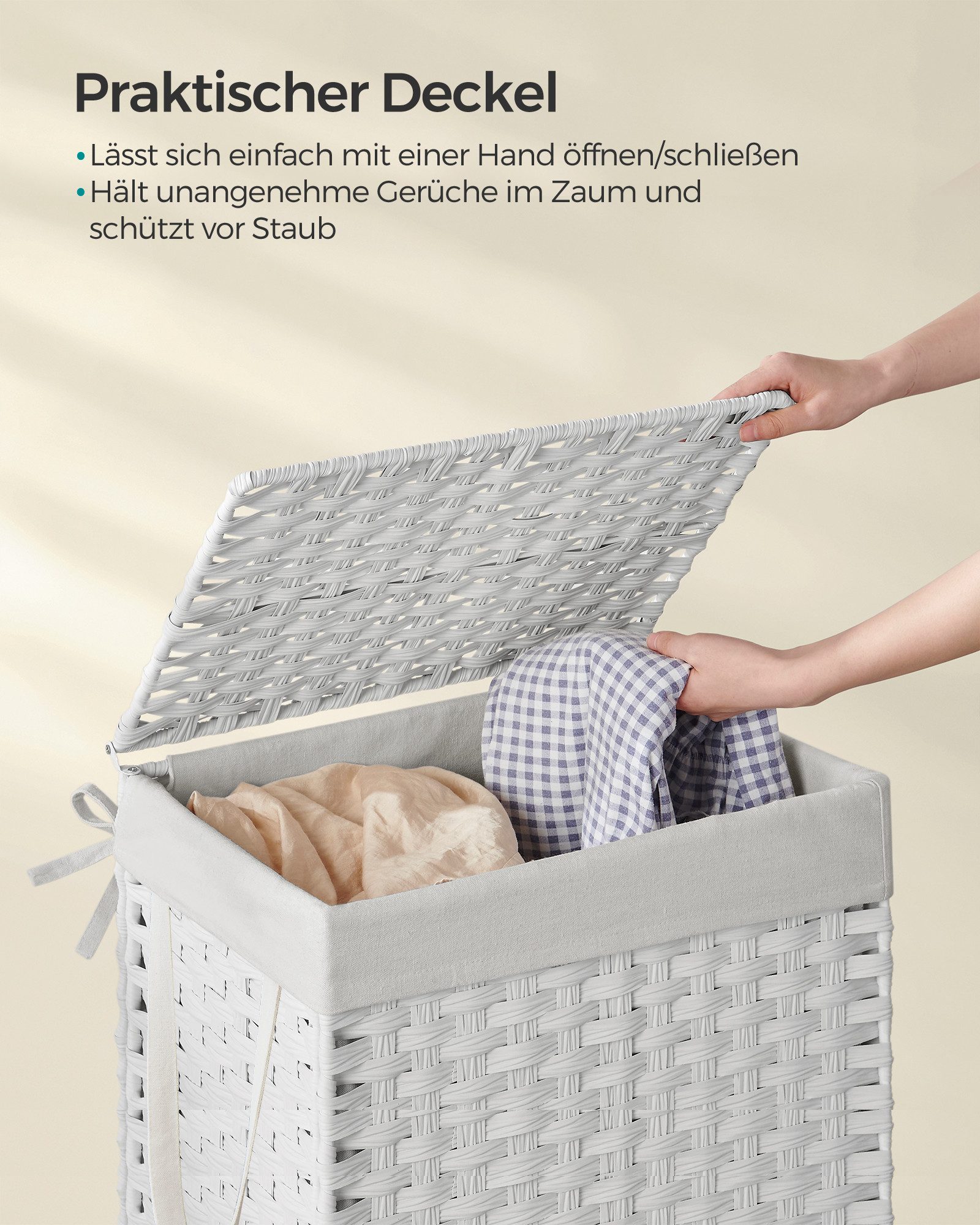 SONGMICS Wäschekorb Wäschebox aus synthetischem Rattan, herausnehmbarer Wäschesack, 90 Liter, handgeflochten, mit Deckel und Griffen, faltbar, 46x33x60 cm