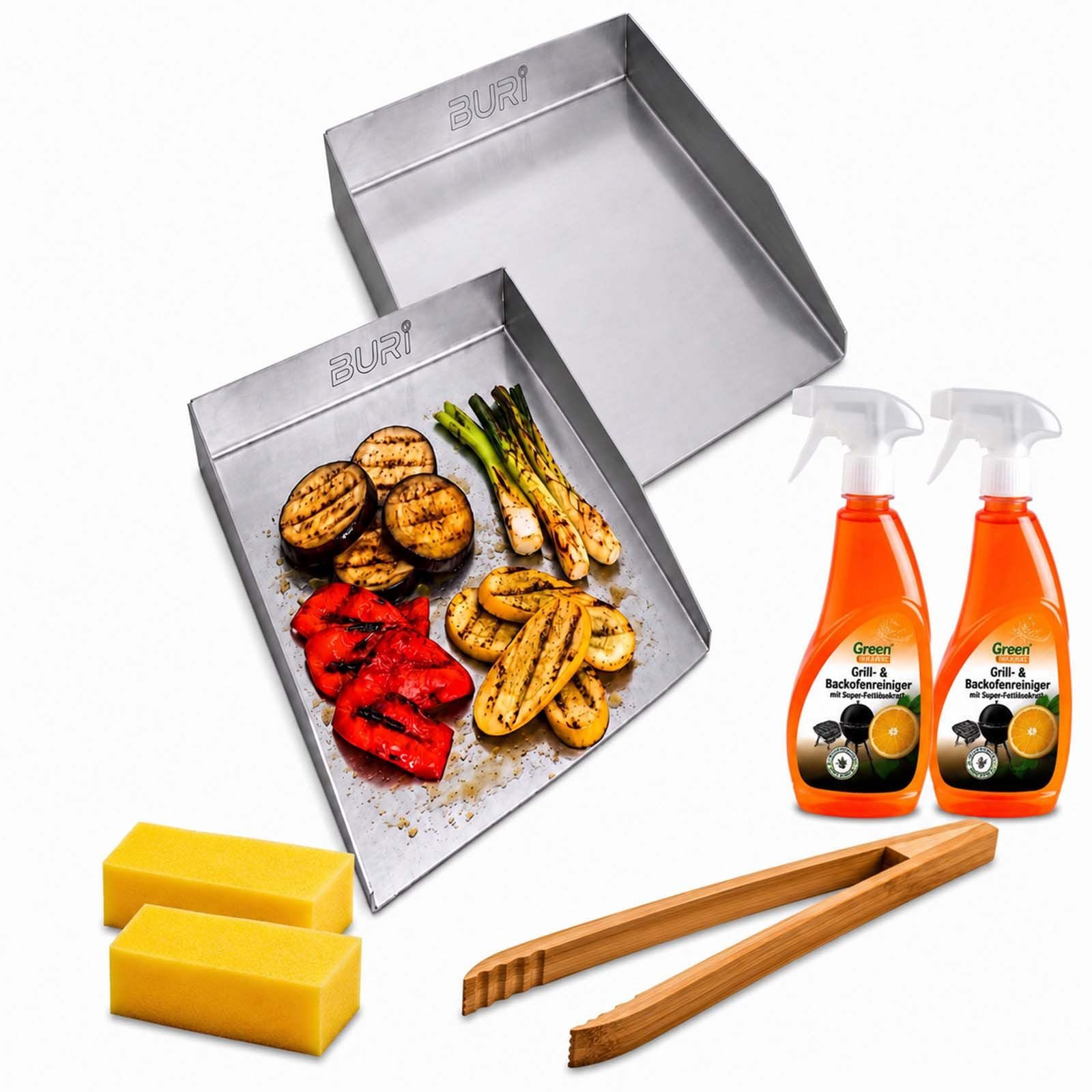 BURI Grillplatte 2er Plancha Grillplatte 30x20cm offen Grillzange & Grillreiniger Set