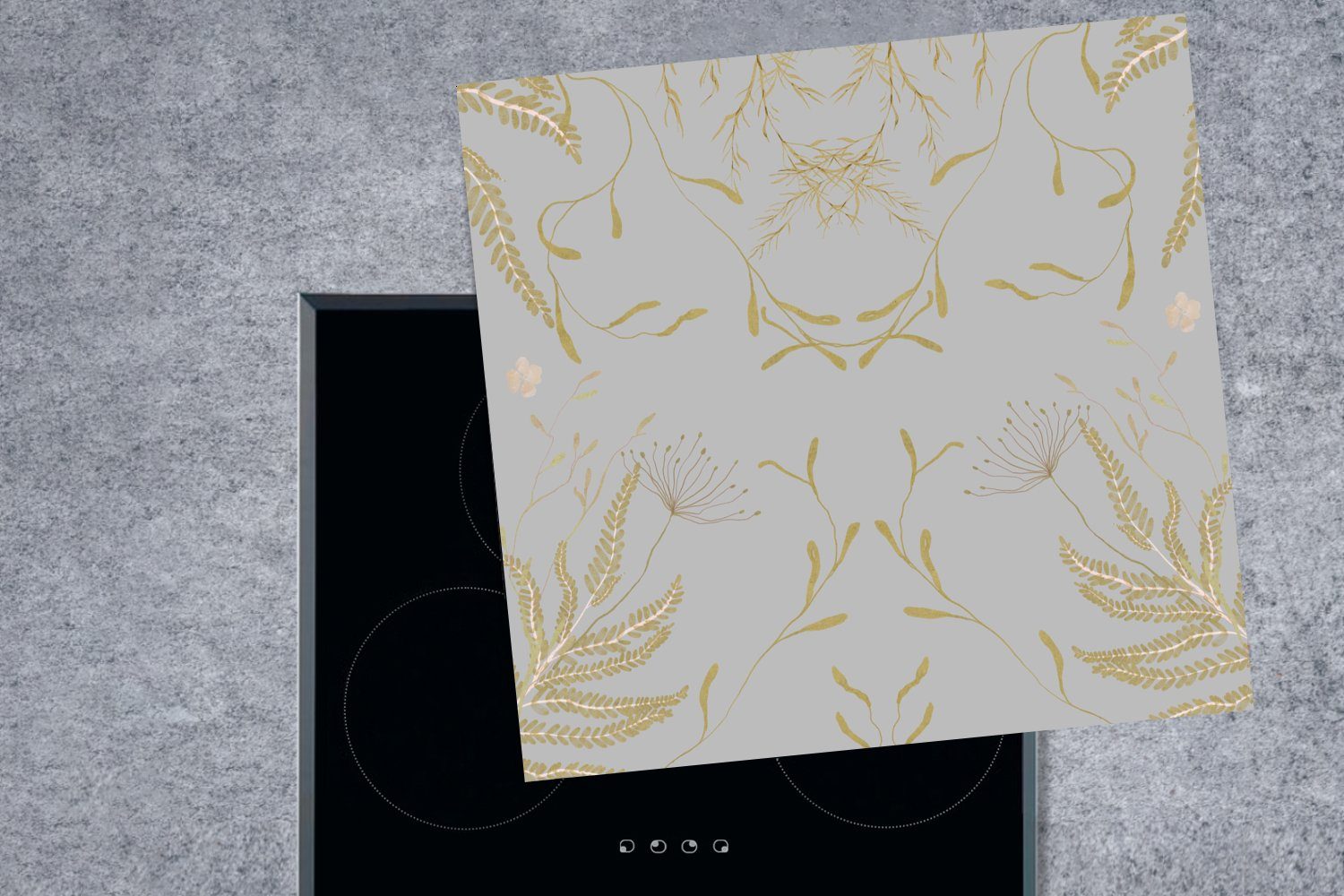 MuchoWow Herdblende-/Abdeckplatte Grau - Pastell - für küche 78x78 Vinyl, (1 Design, Blätter - tlg), Arbeitsplatte Ceranfeldabdeckung, cm, - Blumen