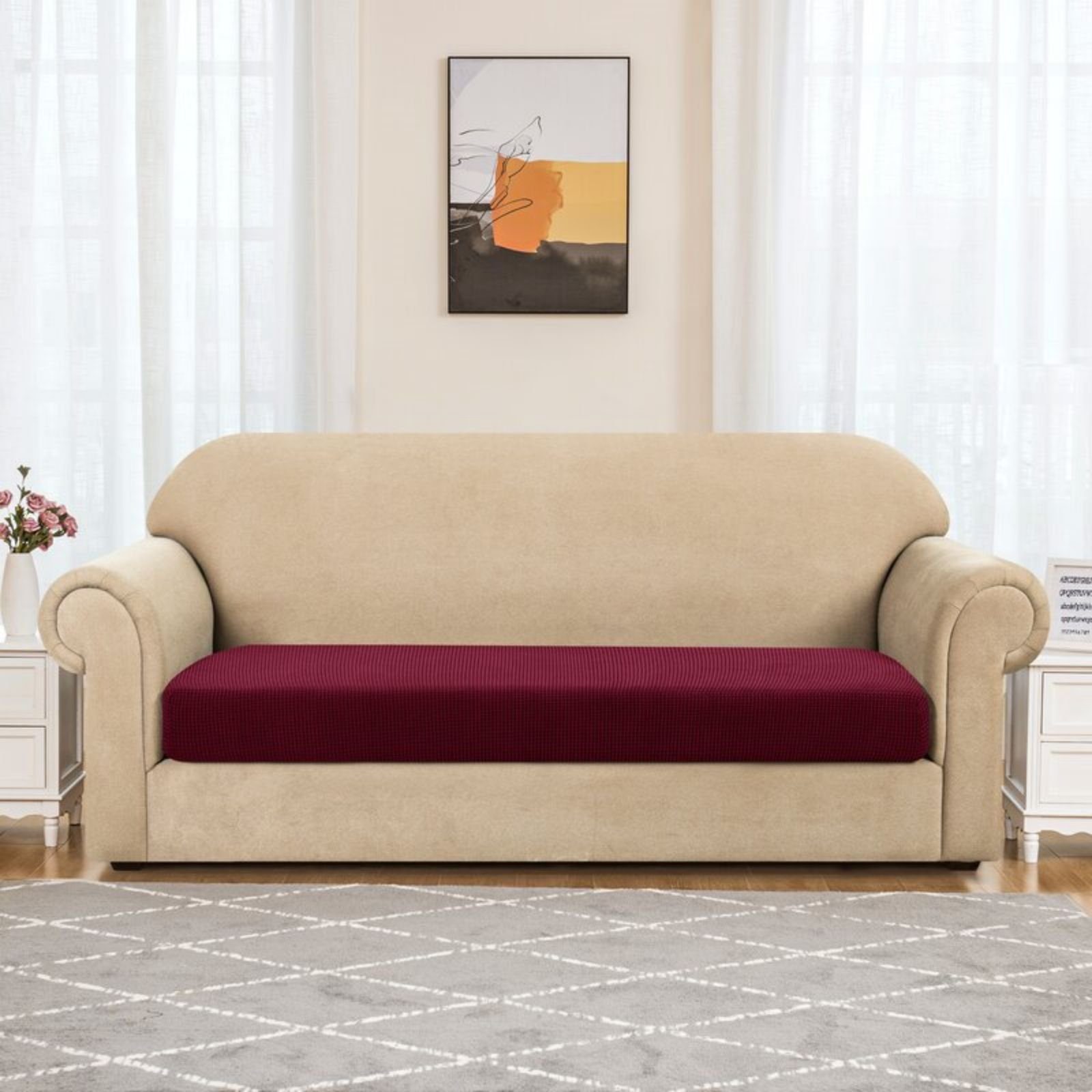 Sofahusse 1/2/3 Sitzer Sofa Sitzkissenbezug, SUBRTEX, Elastischer Stoff Weinrot