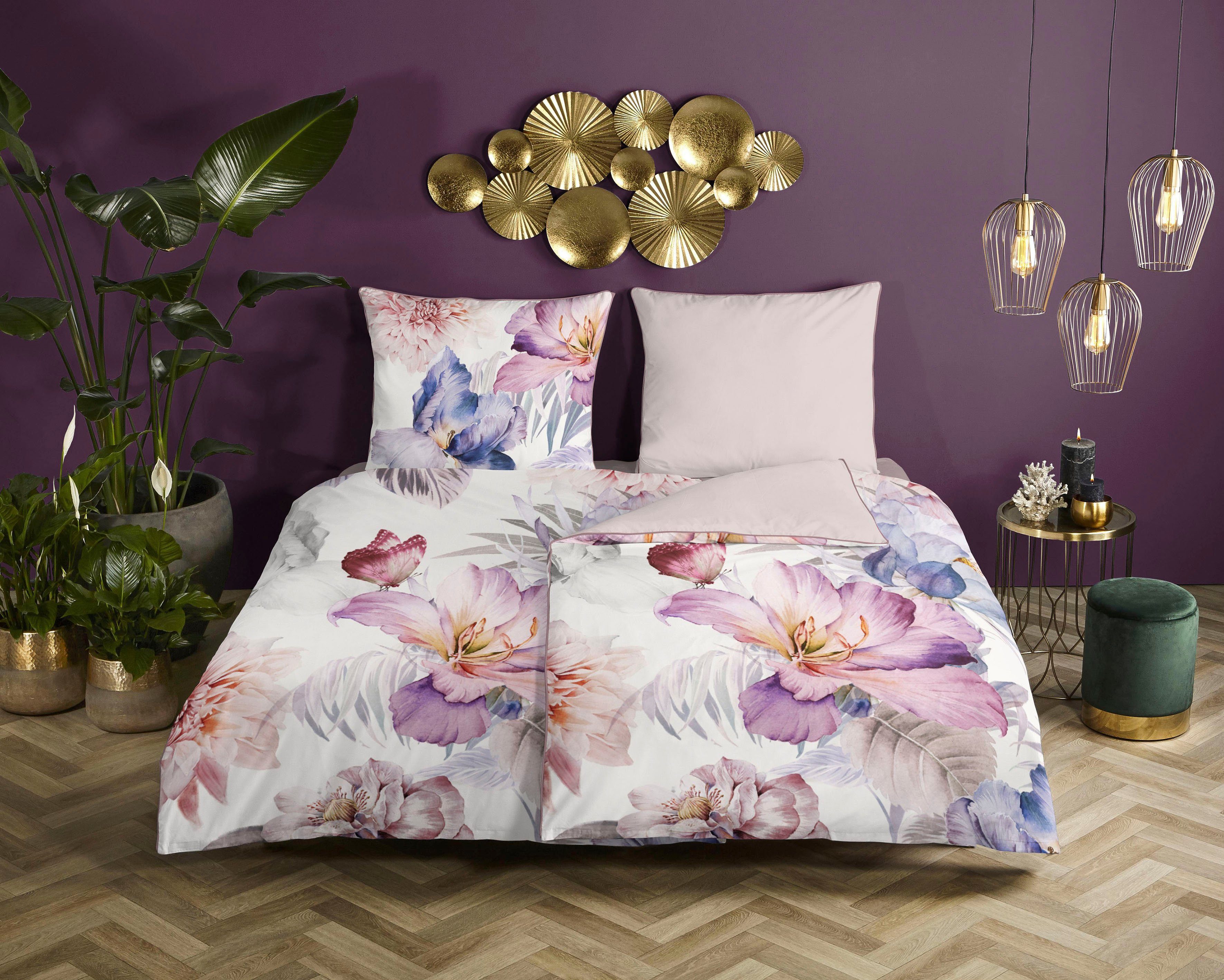 Descanso Wendebettwäsche Caen, Satin (Bio-Baumwolle), 2 teilig, Baumwolle, Satin, 135x200, Biese, Reißverschluss, Wende, Blumen, Natur