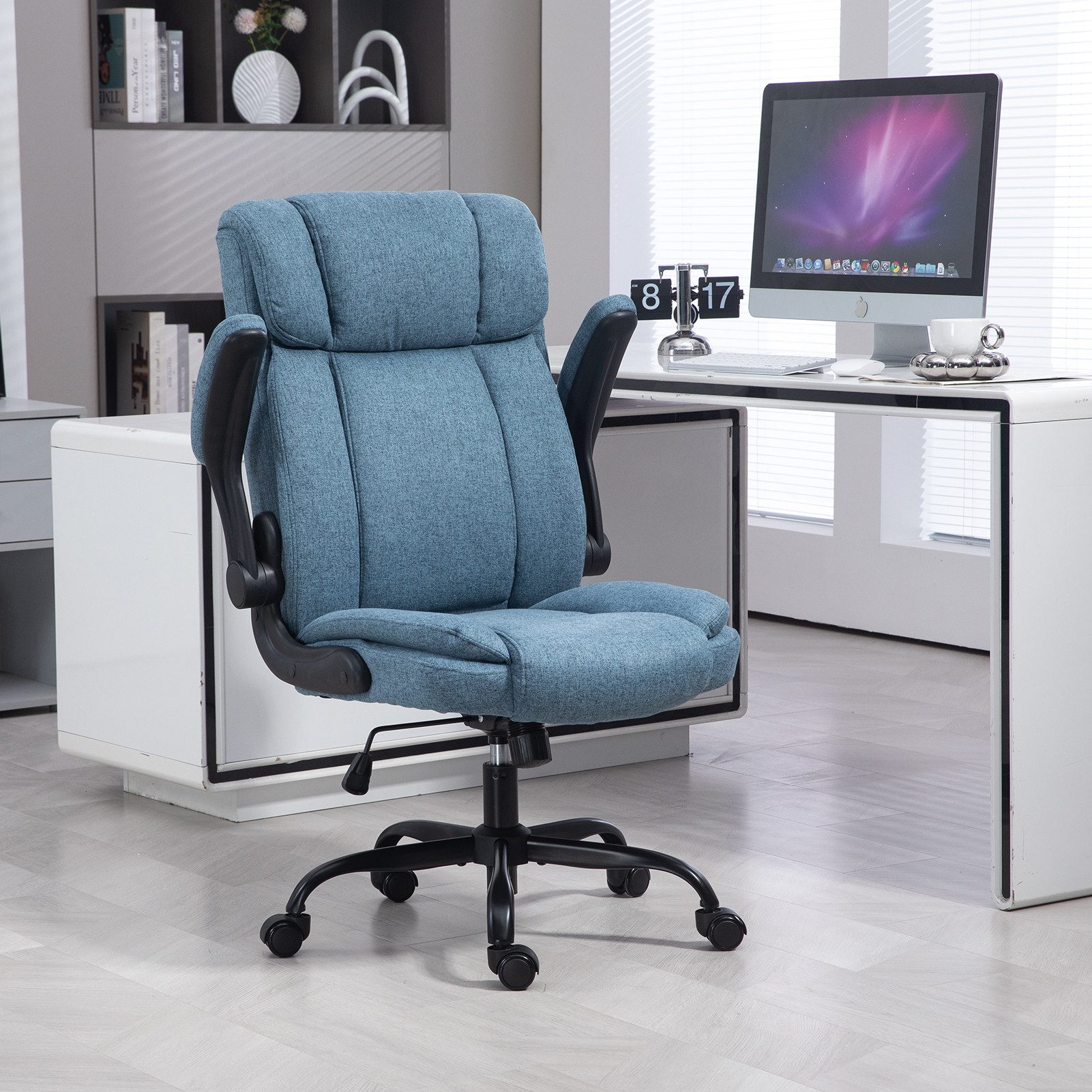 LIYURUI Bürostuhl Ergonomischer 150KG Belastbarkeit Chefsessel Stoff Flip-up Armlehnen (1 St), mit Hoher Rückenlehne und Breitem Sitz, blau