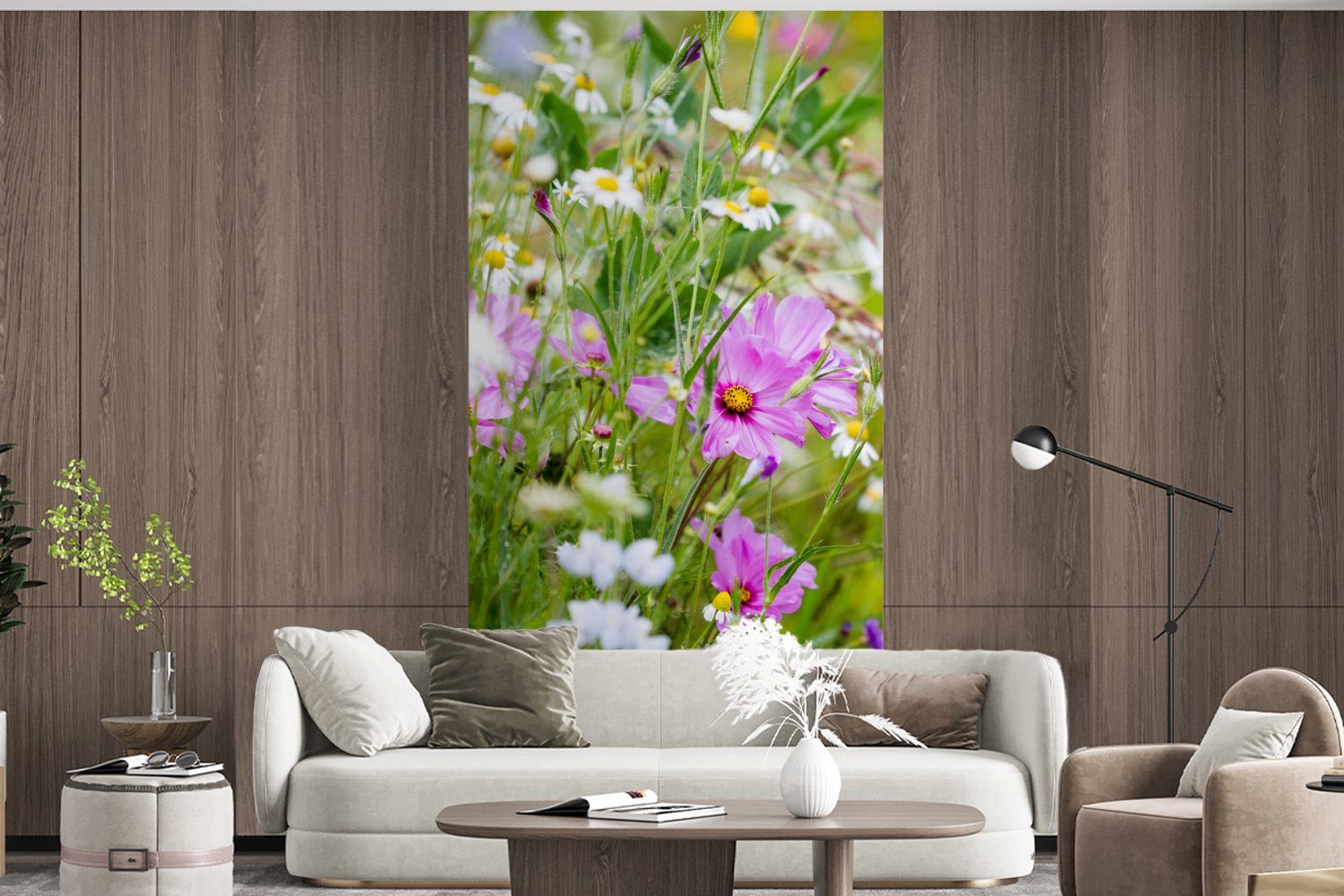MuchoWow Fototapete Blumen - Natur bedruckt, Vliestapete - - - Schlafzimmer Lila Küche, Gras Fototapete Matt, Wohnzimmer (2 St), Grün Weiß, für 