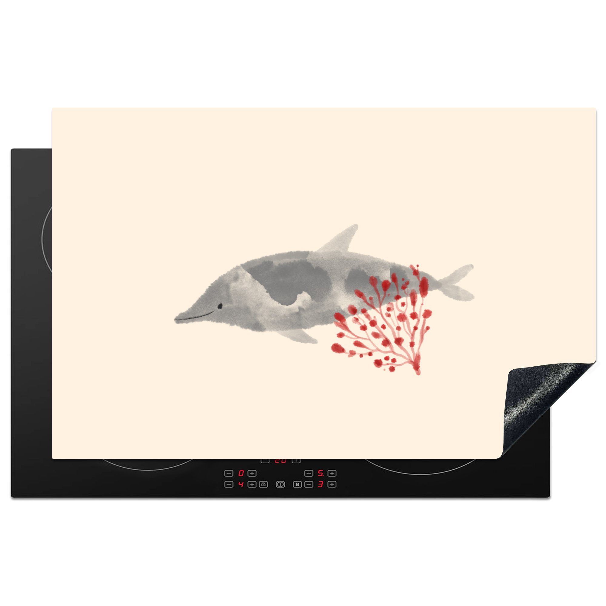 MuchoWow Herdblende-/Abdeckplatte Delfin - Pflanzen - Aquarell, Vinyl, (1 tlg), 81x52 cm, Induktionskochfeld Schutz für die küche, Ceranfeldabdeckung