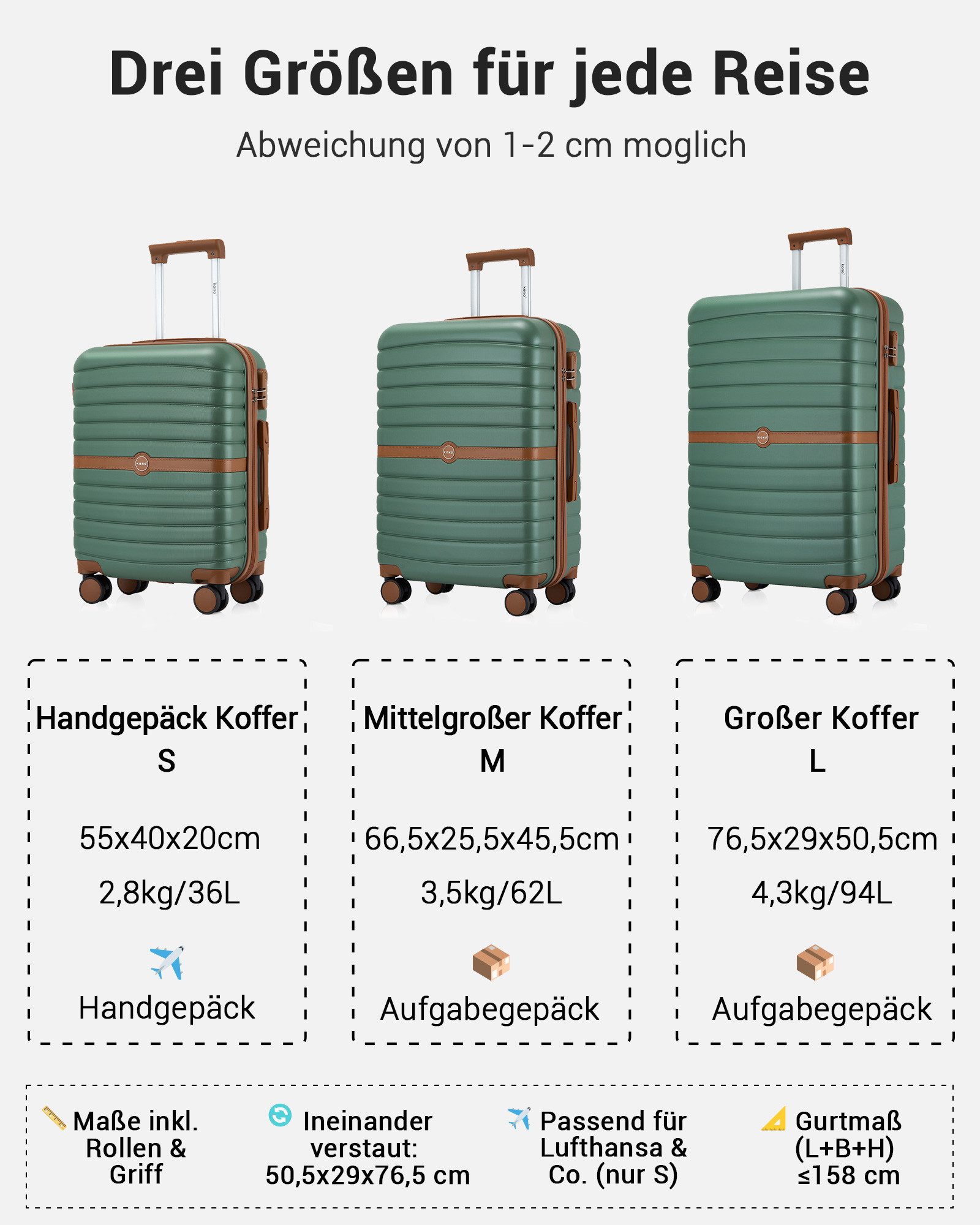KONO Handgepäckkoffer Koffer Trolley ABS+PC Hartschalenkoffer – Bild 2 von 5