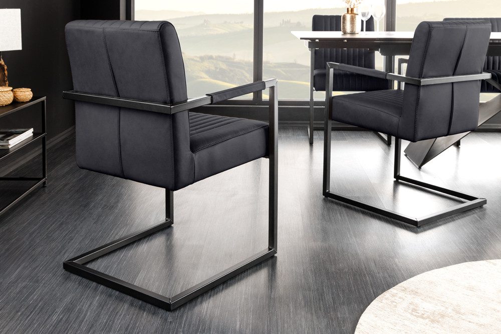 riess-ambiente Freischwinger BIG ASTON schwarz – Echtleder, Taschenfederkern, Metall (Einzelartikel, 1 St), inkl. Armlehne für hohen Sitzkomfort – ideal für Dein Loft-Esszimmer