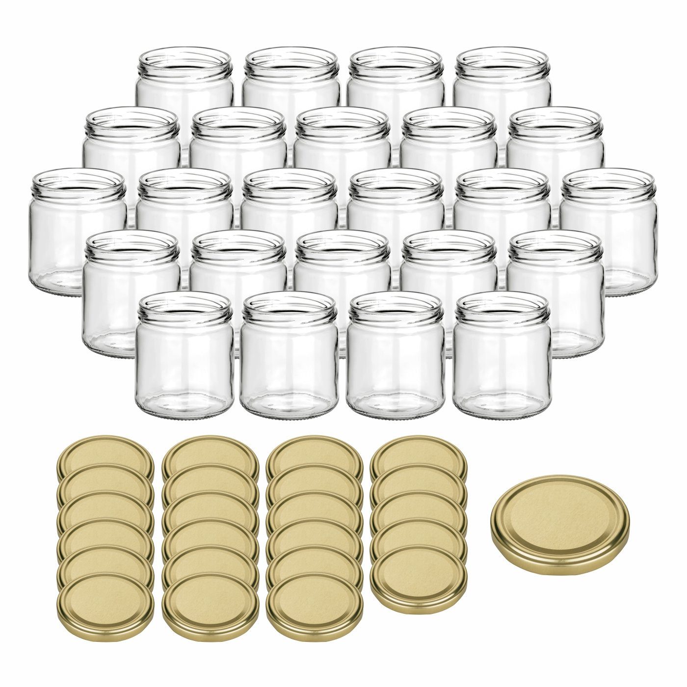 gouveo Honigglas 500g mit Schraub-Deckel - Leere Vorratsgläser 405 ml für Honig, Metall TO82 goldfarben, (24-tlg)