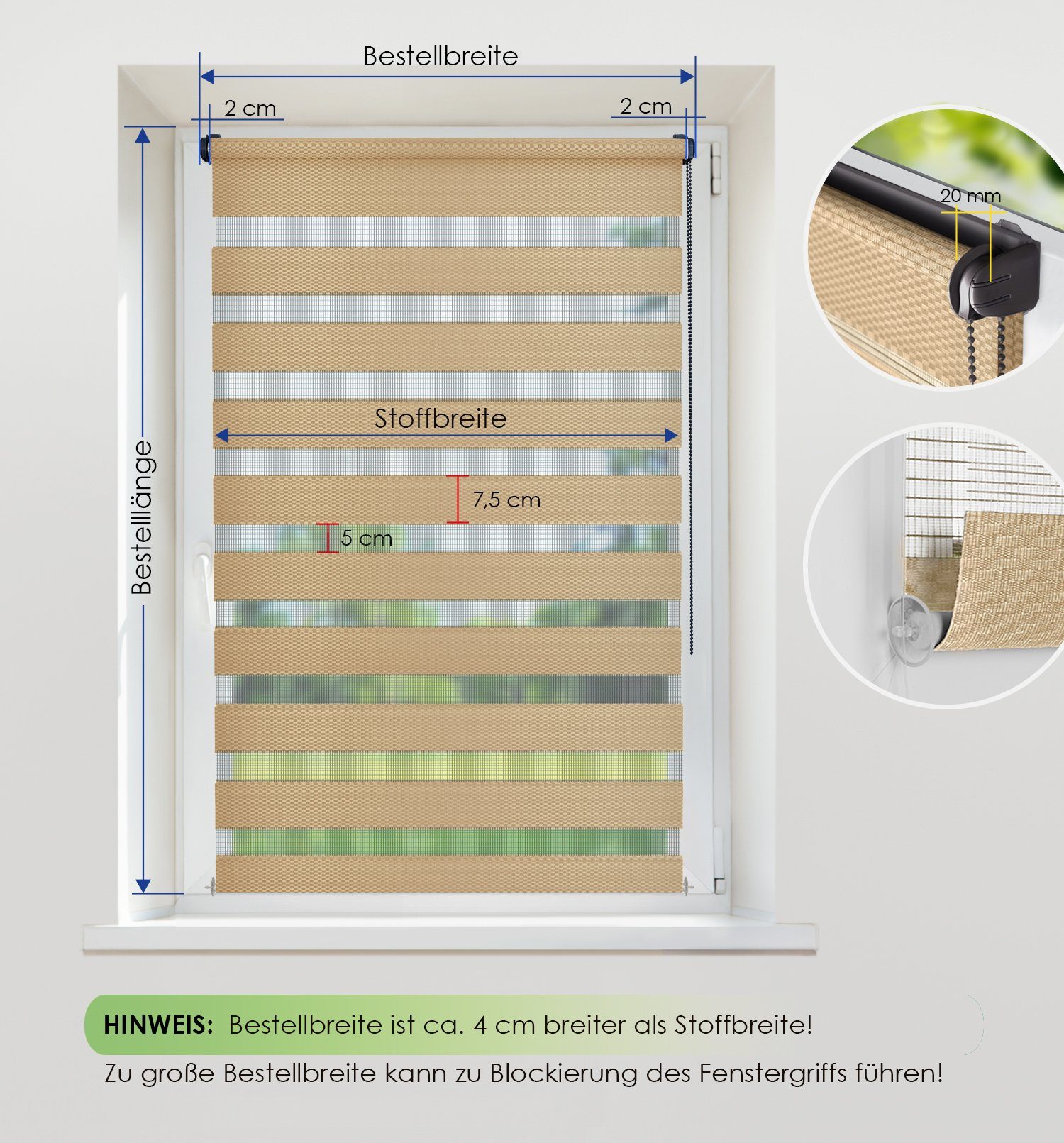 Doppelrollo Fensterrollo RON Klemmfixierung Zebrarollo Seitenzugrollo, Rikmani, Klemm- oder Schraubmontage