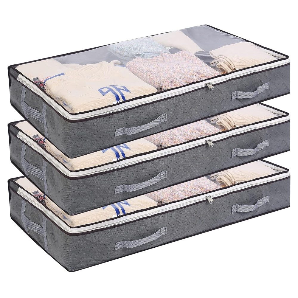 TUWENA Unterbettkommode 3 Stück Unterbettkommode mit Deckel, 75L Faltbare Grosse Kleidertasche (3 St), Kleideraufbewahrung mit Klare Fenster für Bettdecken, Kleidung, Decken