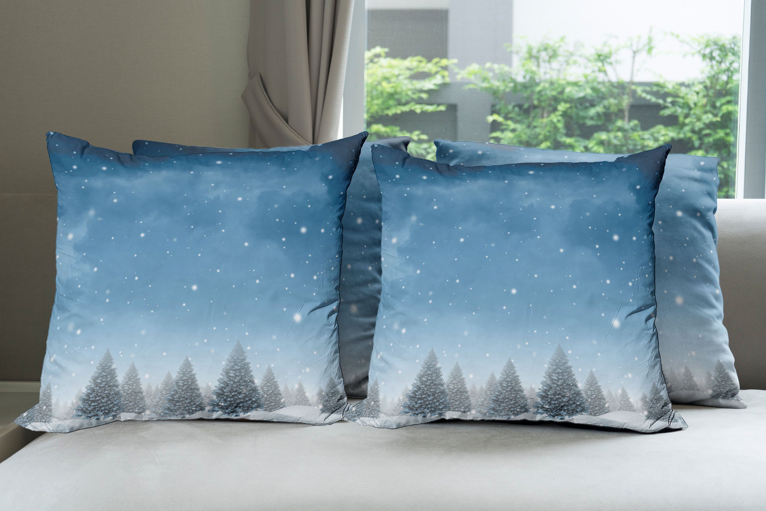 Kissenbezüge Modern Accent Doppelseitiger Digitaldruck, (4 Weihnachten Blau Abakuhaus Winter Waldes des Bäume Stück)