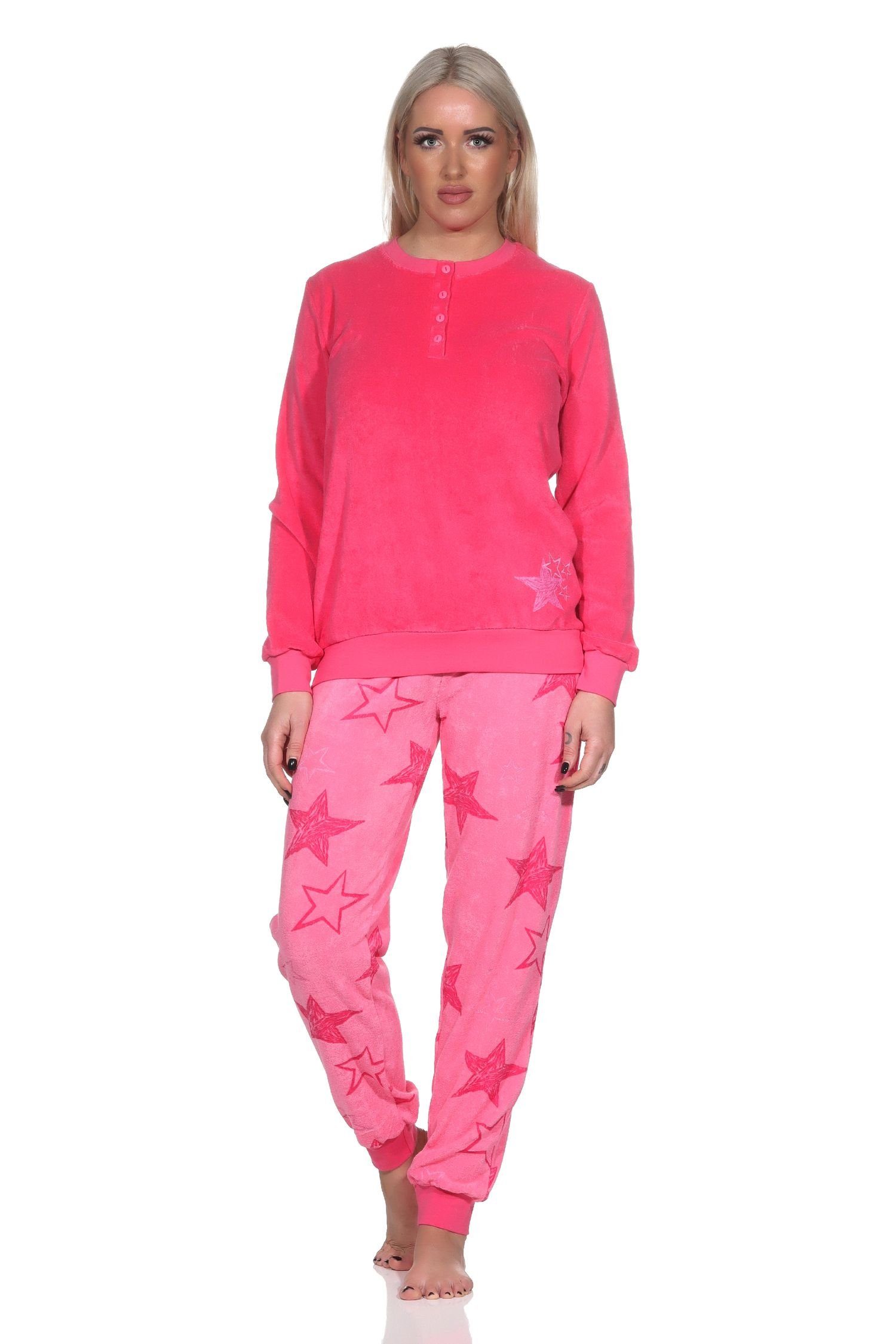 Normann Pyjama Normann Damen pink Frottee Sterne in Bündchen Schlafanzug Optik lang mit