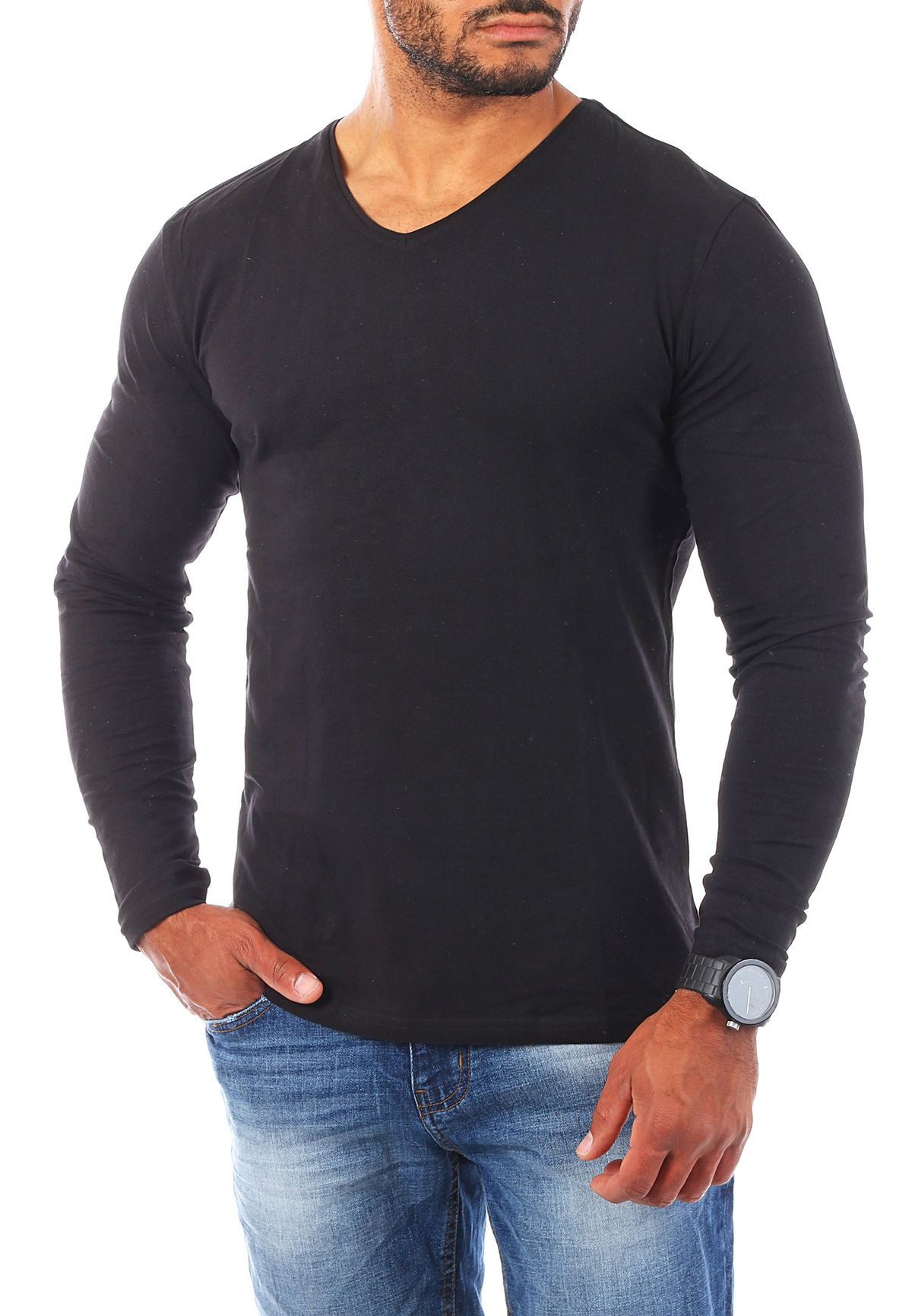 Young & Rich Langarmshirt Herren Uni Basic Longsleeve V-Ausschnitt Unterziehshirt 2001 5er Pack (5er-Pack, 5-tlg., 5er-Pack) V-Ausschnitt unifarben langarm slim fit