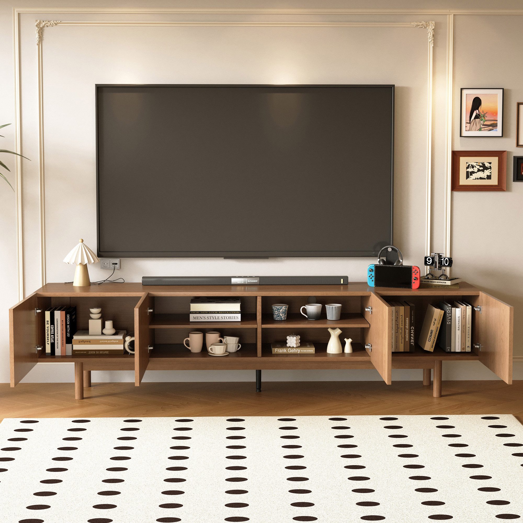 oleyluckidea TV-Schrank Mid-Century TV-Lowboard ausziehbar, Walnuss, für 80"+ TV Breite 198 cm bis 262 cm