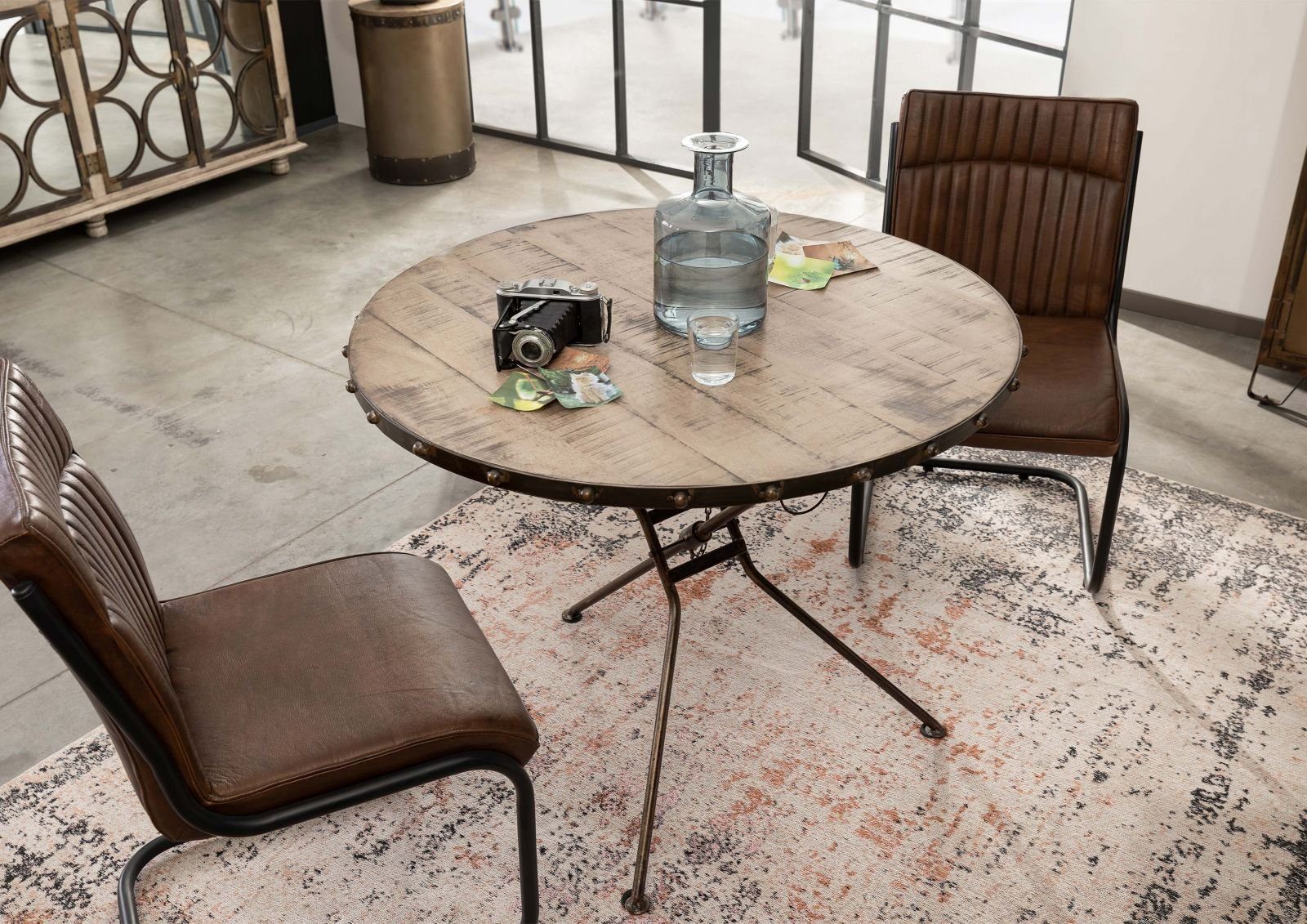 Massivmoebel24 Esstisch HEAVY INDUSTRY (Massivholz, Massivholztisch), Esstisch rund Mango100x100x80 braun lackiert HEAVY INDUSTRY #256