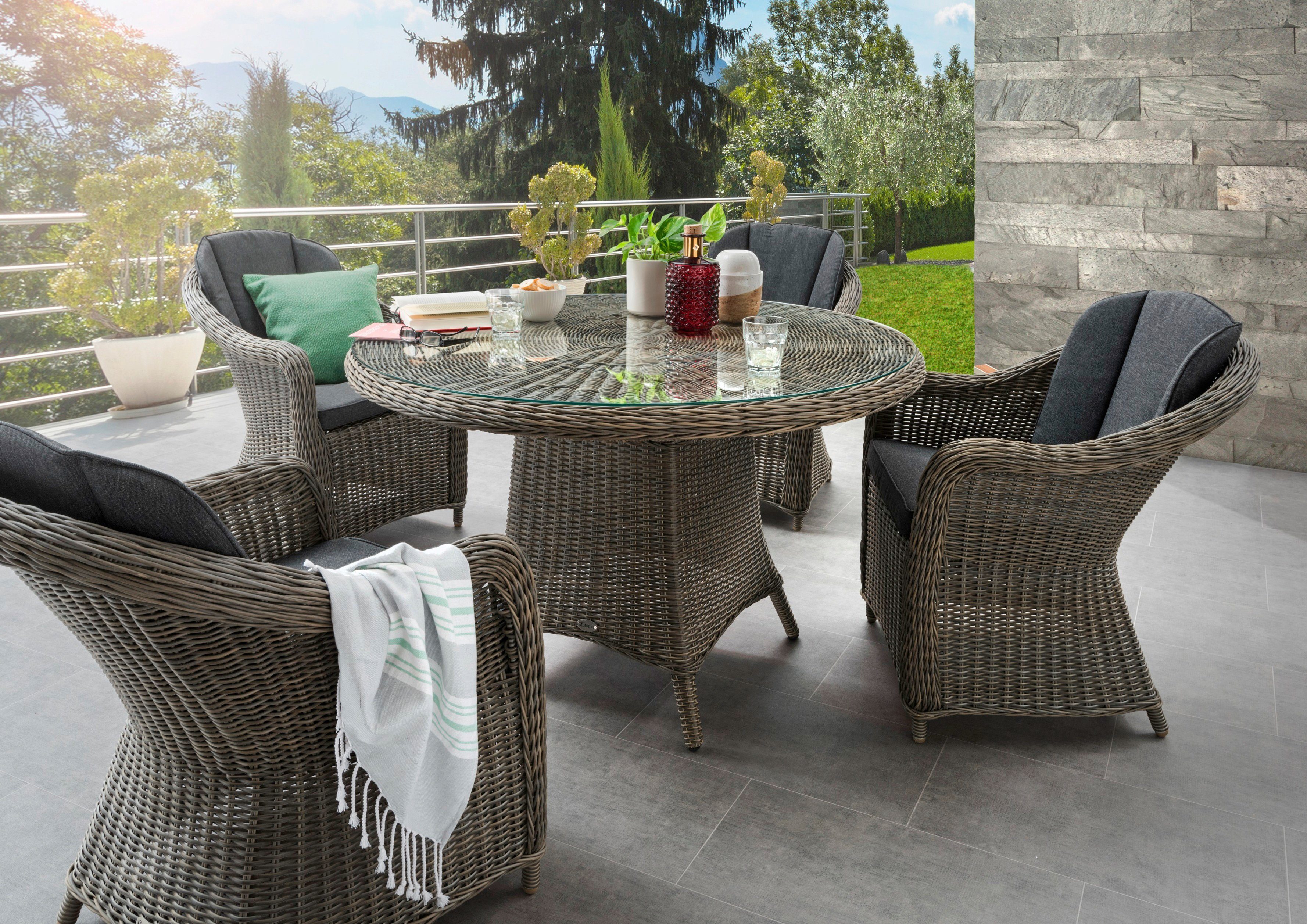 Destiny Garten-Essgruppe MALAGA LUNA, (Set, 13-tlg), Polyrattan, 4 Sessel + 1 Tisch Ø 120x75 cm, inkl. Auflagen vintage grau | anthrazit | vintage grau