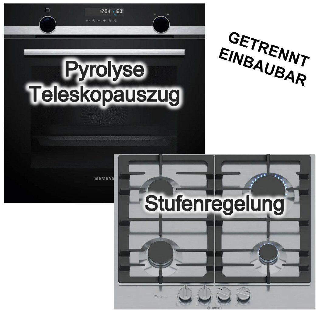 SIEMENS Backofen-Set Einbaubackofen Pyrolyse 3D Heißluft + Bosch Gaskochfeld FlameSelect, mit 1-fach Teilauszug, Pyrolyse-Selbstreinigung Hydrolyse