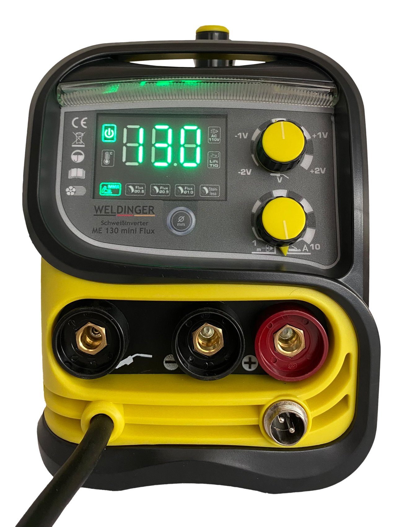 WELDINGER Fülldrahtschweißgerät Fülldrahtschweißgerät ME 130 mini FLUX Set mit Schweißhelm Zubehör, 20 - 130 A, Aktionsset, Arbeitslicht, Umpolkabel