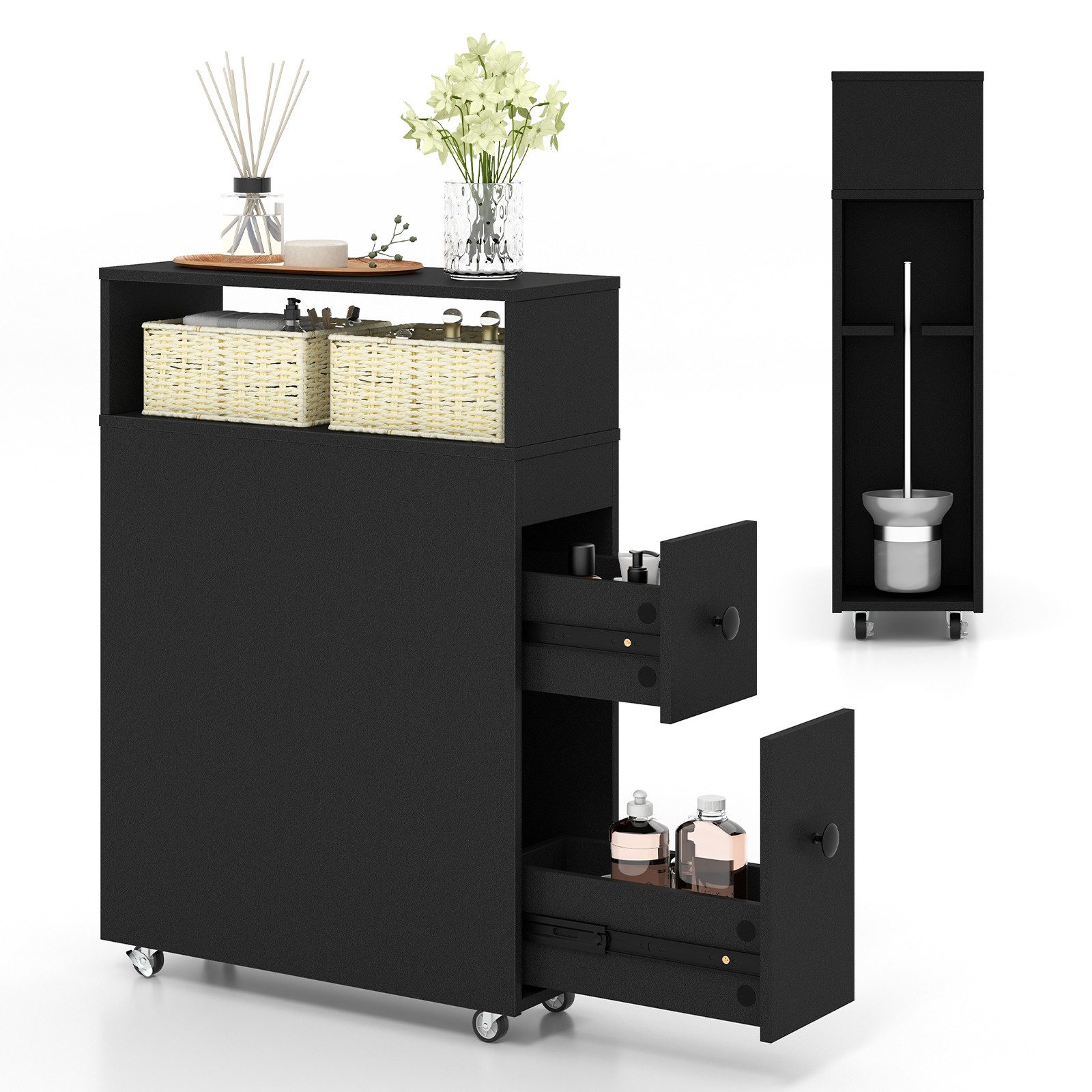 COSTWAY Badkommode, Nischenschrank, schmal, schwarz
