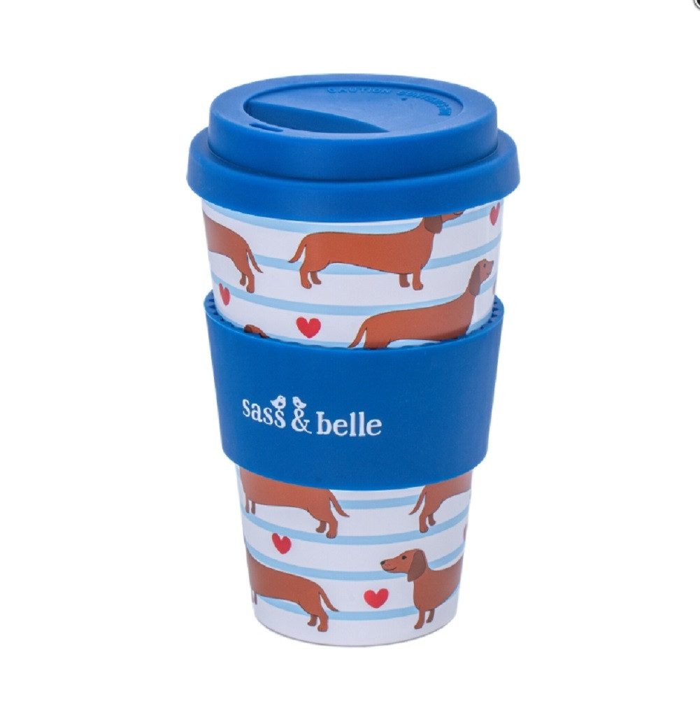 Sass & Belle Coffee-to-go-Becher Erdbeere, Dackel, rPET, mit Deckel, für 400 ml, Kaffeebecher to go