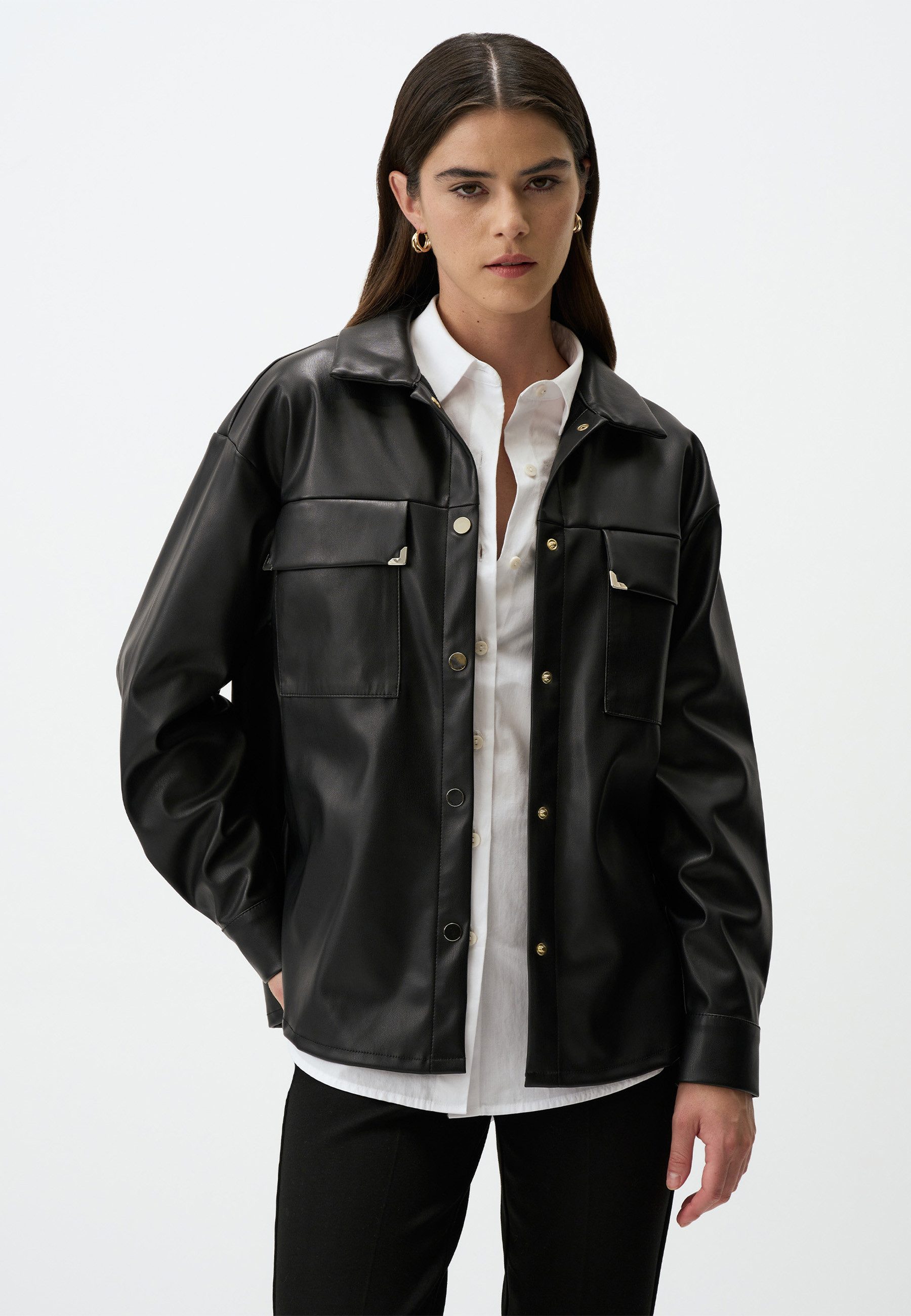 Hemdbluse Schwarz Kunstleder Overshirt